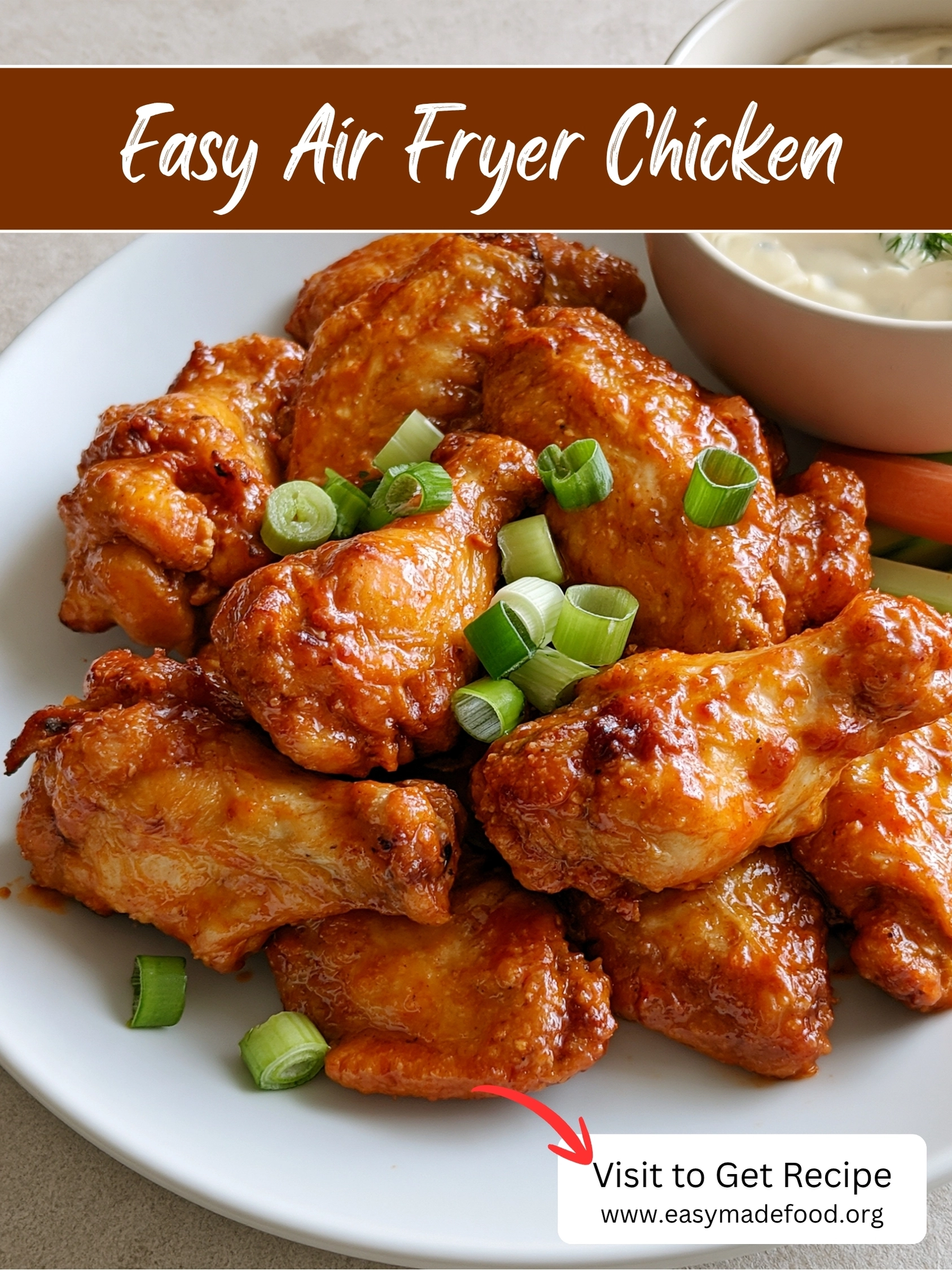 Easy air fryer chicken recipe — crispy, saucy buffalo wings in the air fryer, visit Easy Made Food to get the recipe