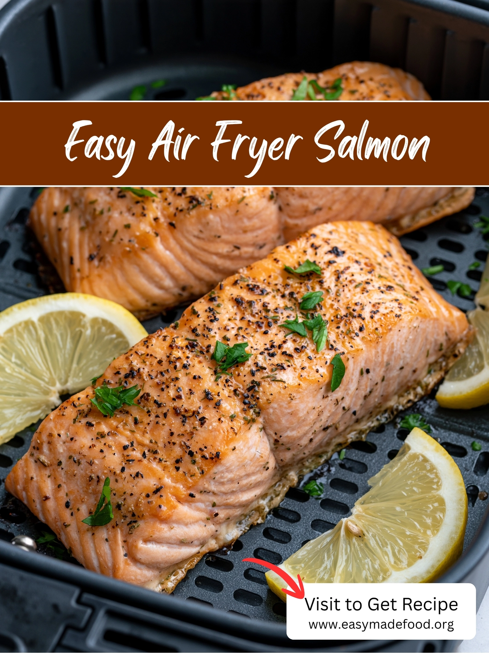Easy air fryer salmon recipe — flaky, juicy salmon with a golden garlic-herb crust, visit Easy Made Food to get the recipe