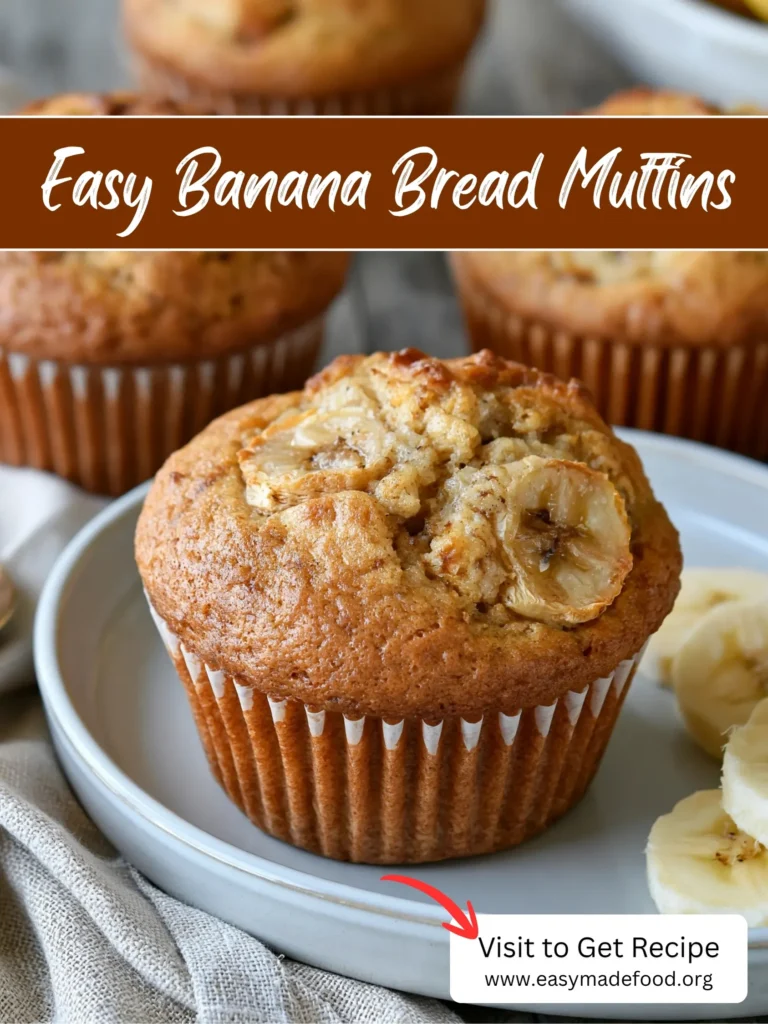 Easy banana bread muffins recipe — tall golden muffins with banana slices baked on top, visit Easy Made Food to get the recipe