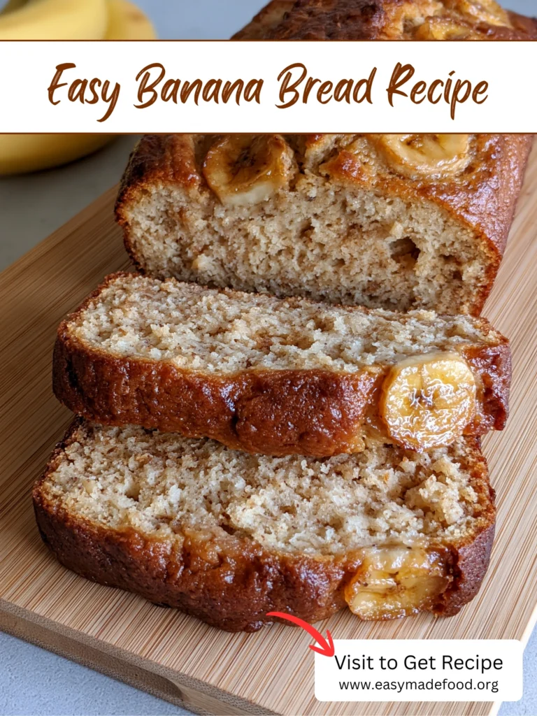 Easy banana bread recipe — moist loaf with caramelized banana slices, visit Easy Made Food to get the recipe