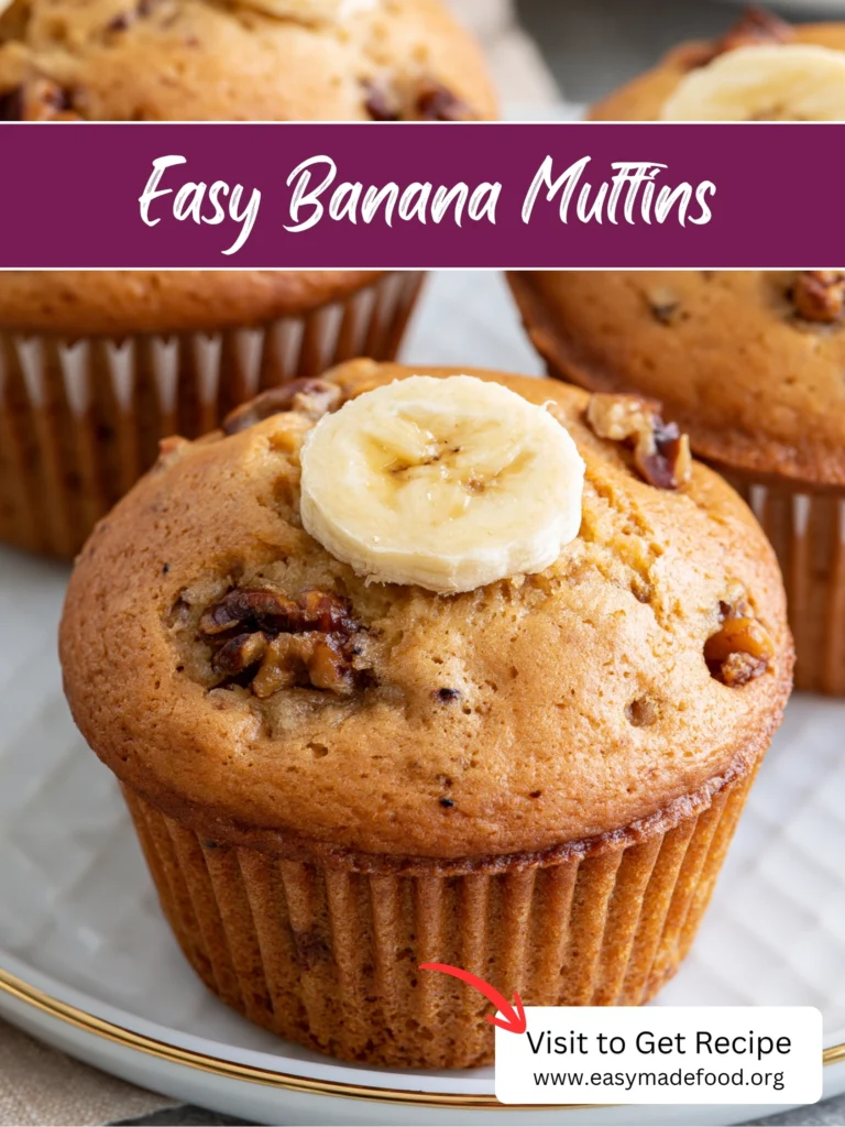 Easy banana muffins recipe — moist walnut banana muffins with banana slices on top, visit Easy Made Food to get the recipe