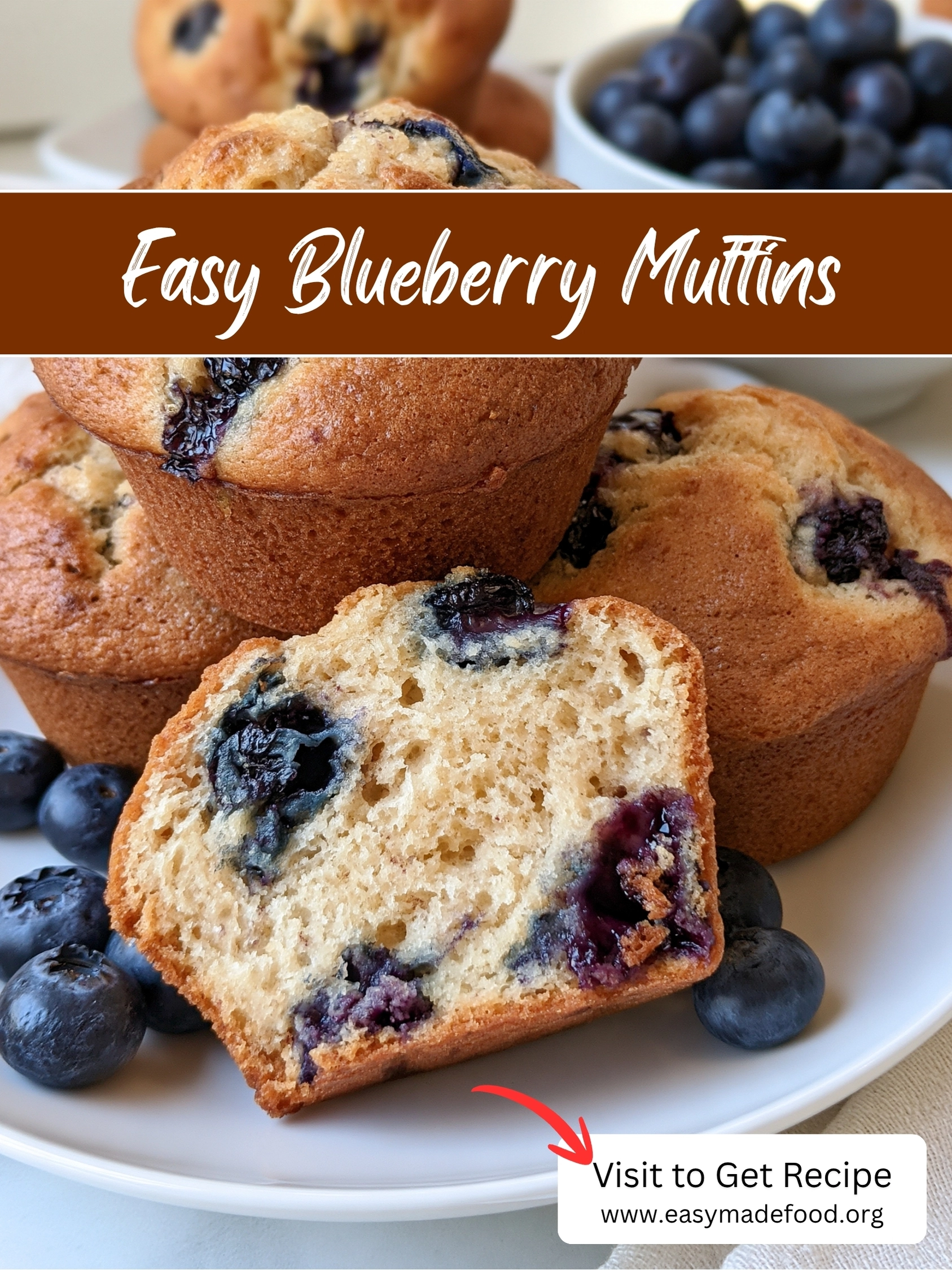 Easy blueberry muffins recipe — tall bakery-style muffins bursting with blueberries, visit Easy Made Food to get the recipe