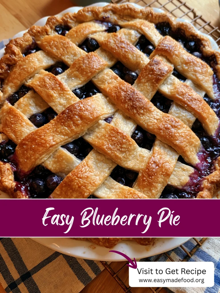 Easy blueberry pie recipe — deep purple jammy filling under a golden sugar-sparkled lattice, visit Easy Made Food to get the recipe