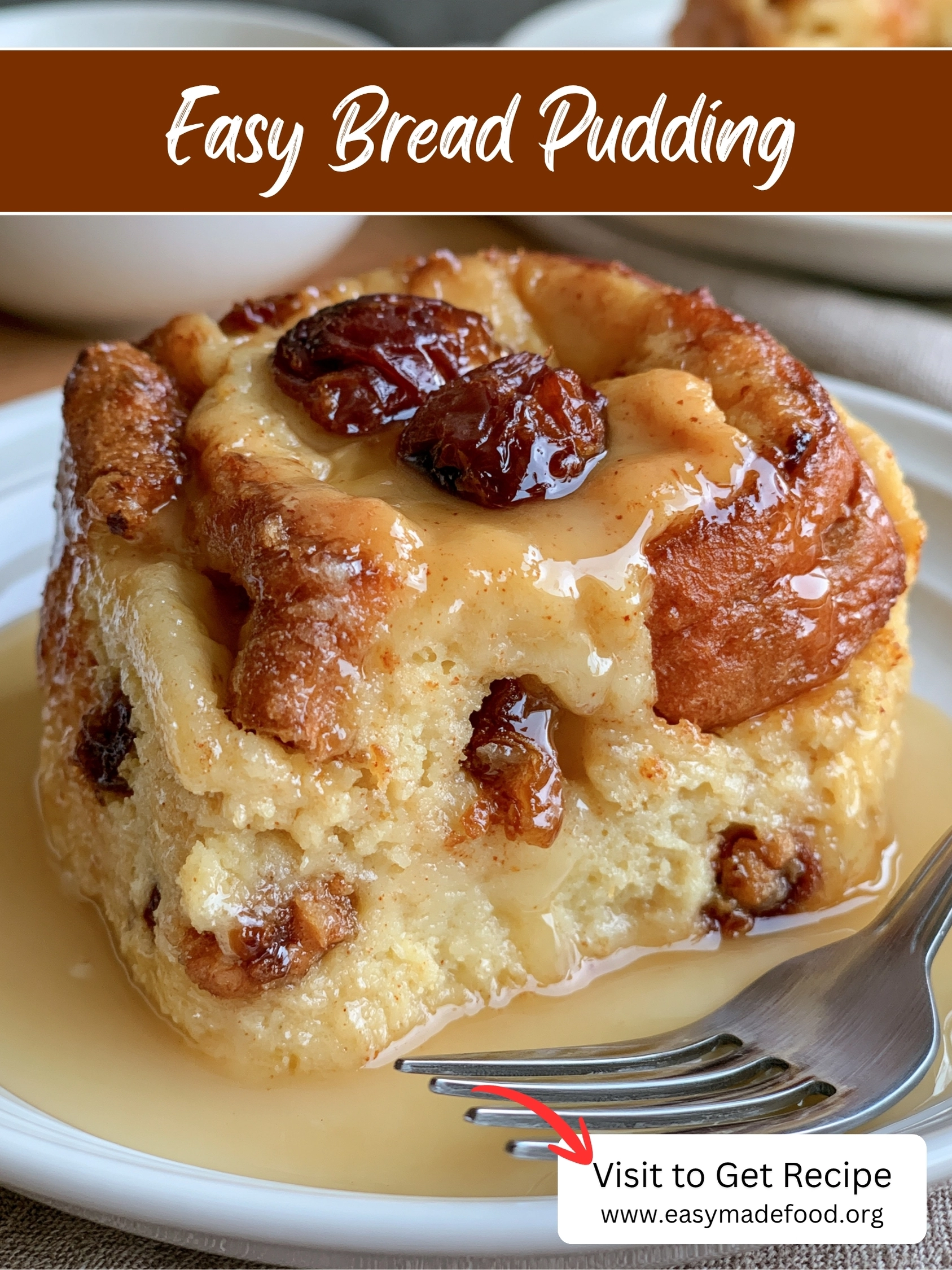 Easy bread pudding recipe — golden, custardy raisin bread pudding with warm vanilla sauce, visit Easy Made Food to get the recipe