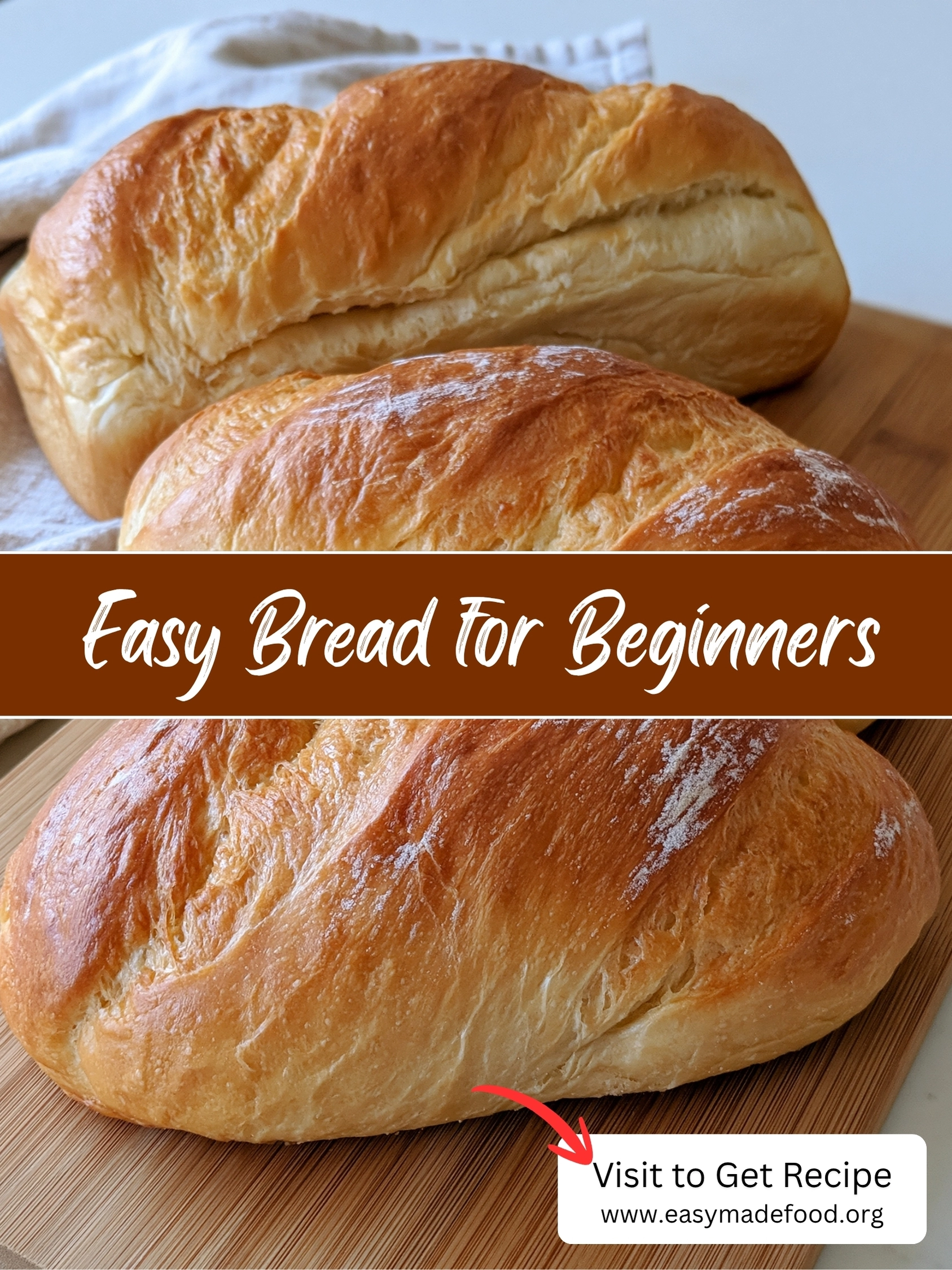 Easy bread for beginners recipe — golden homemade loaves with a soft shiny crust, visit Easy Made Food to get the recipe