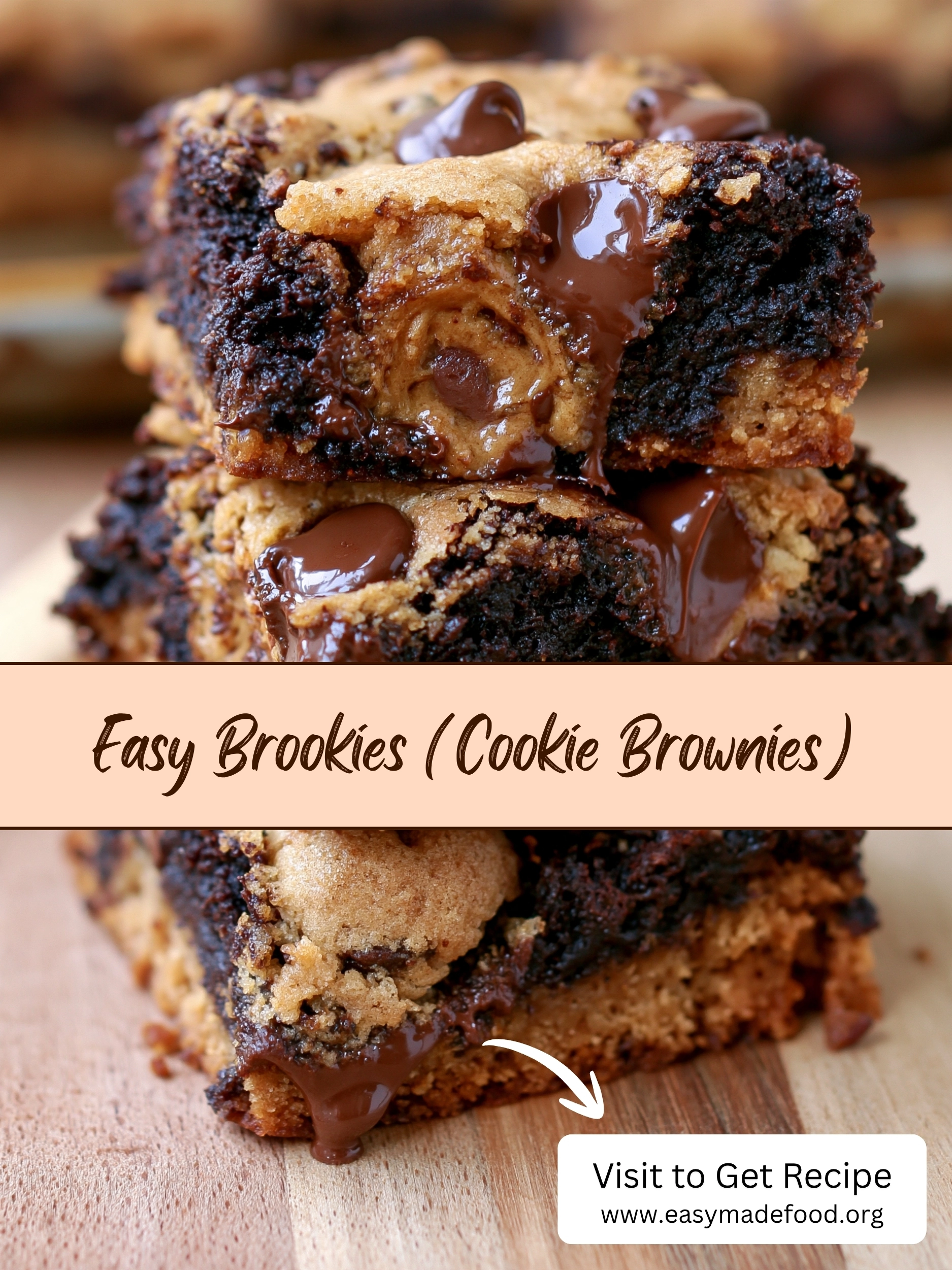 Easy brookies (cookie brownies) recipe — gooey brownie and chocolate chip cookie layers with melty chocolate in every bite, visit Easy Made Food to get the recipe