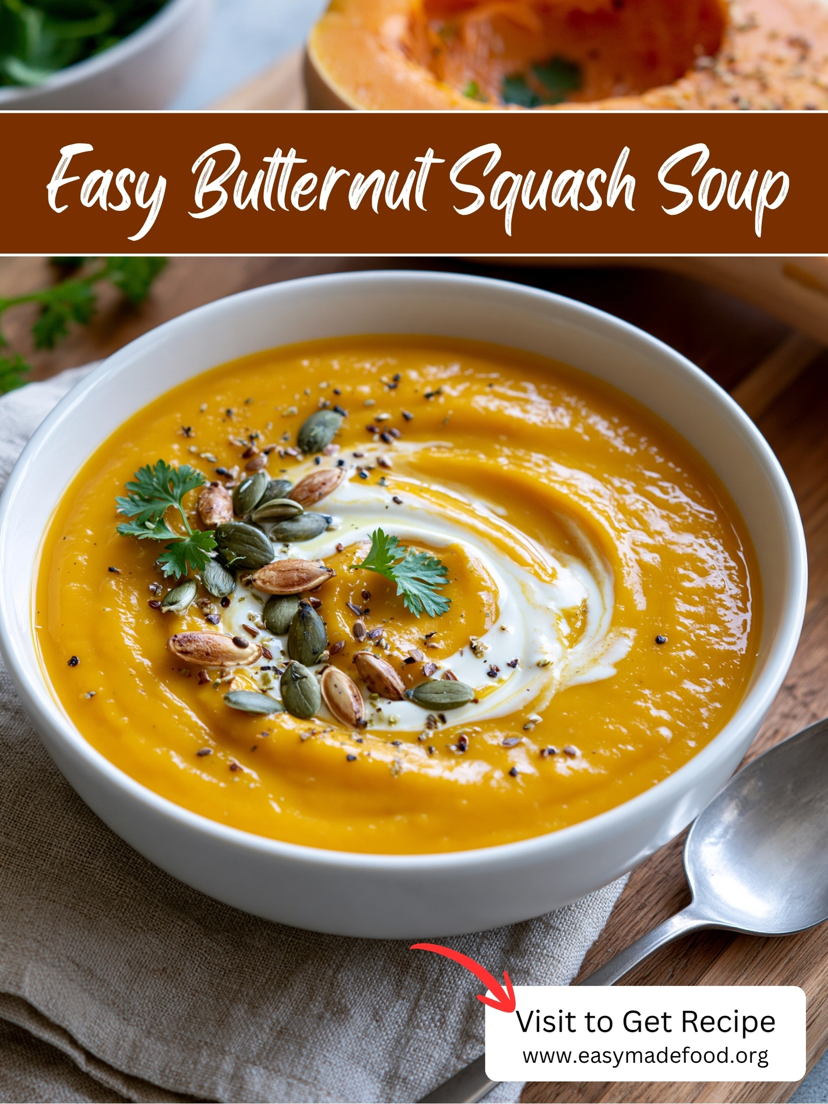 Easy butternut squash soup recipe — silky roasted squash soup with a cream swirl and crunchy pumpkin seeds, visit Easy Made Food to get the recipe