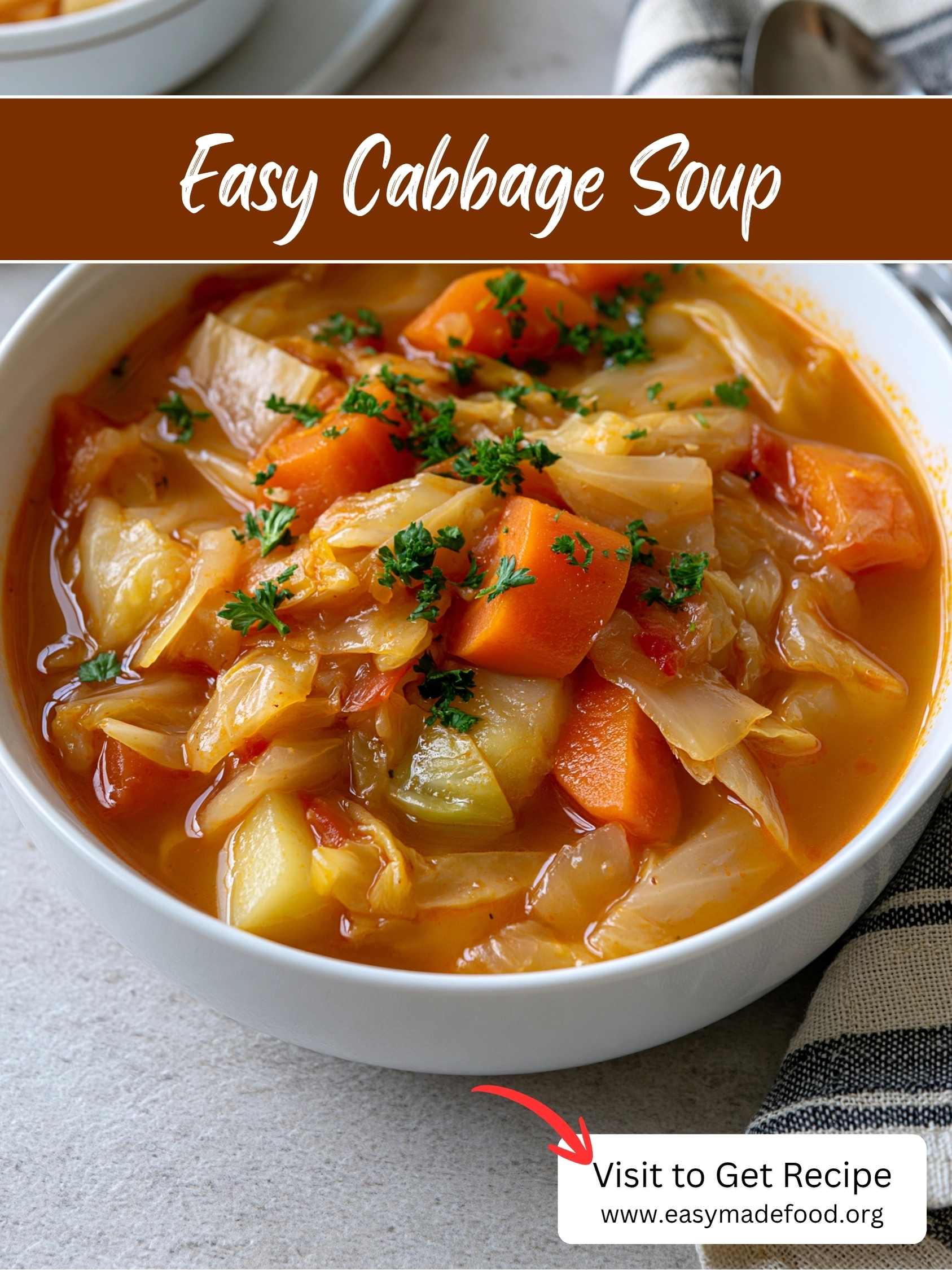 Easy cabbage soup recipe — cozy one-pot tomato cabbage soup with carrots and potatoes, visit Easy Made Food to get the recipe
