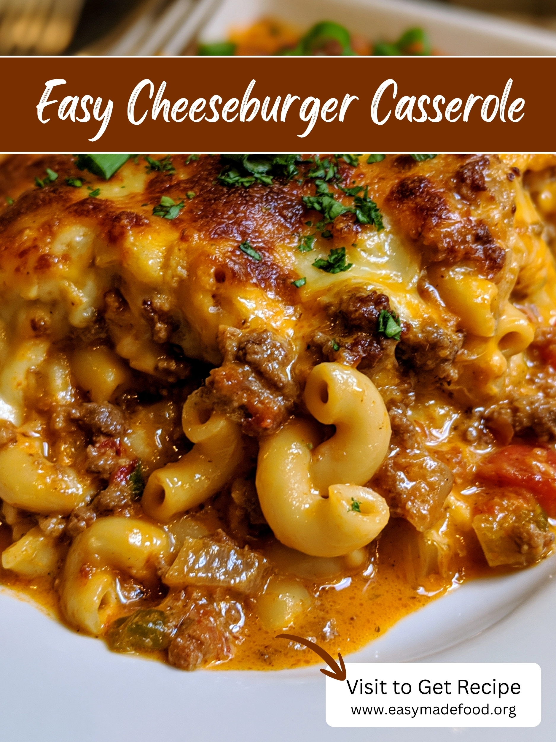 Easy cheeseburger casserole recipe — cheesy beef and pasta bake with a golden, bronzed cheese top and fresh green onions, visit Easy Made Food to get the recipe