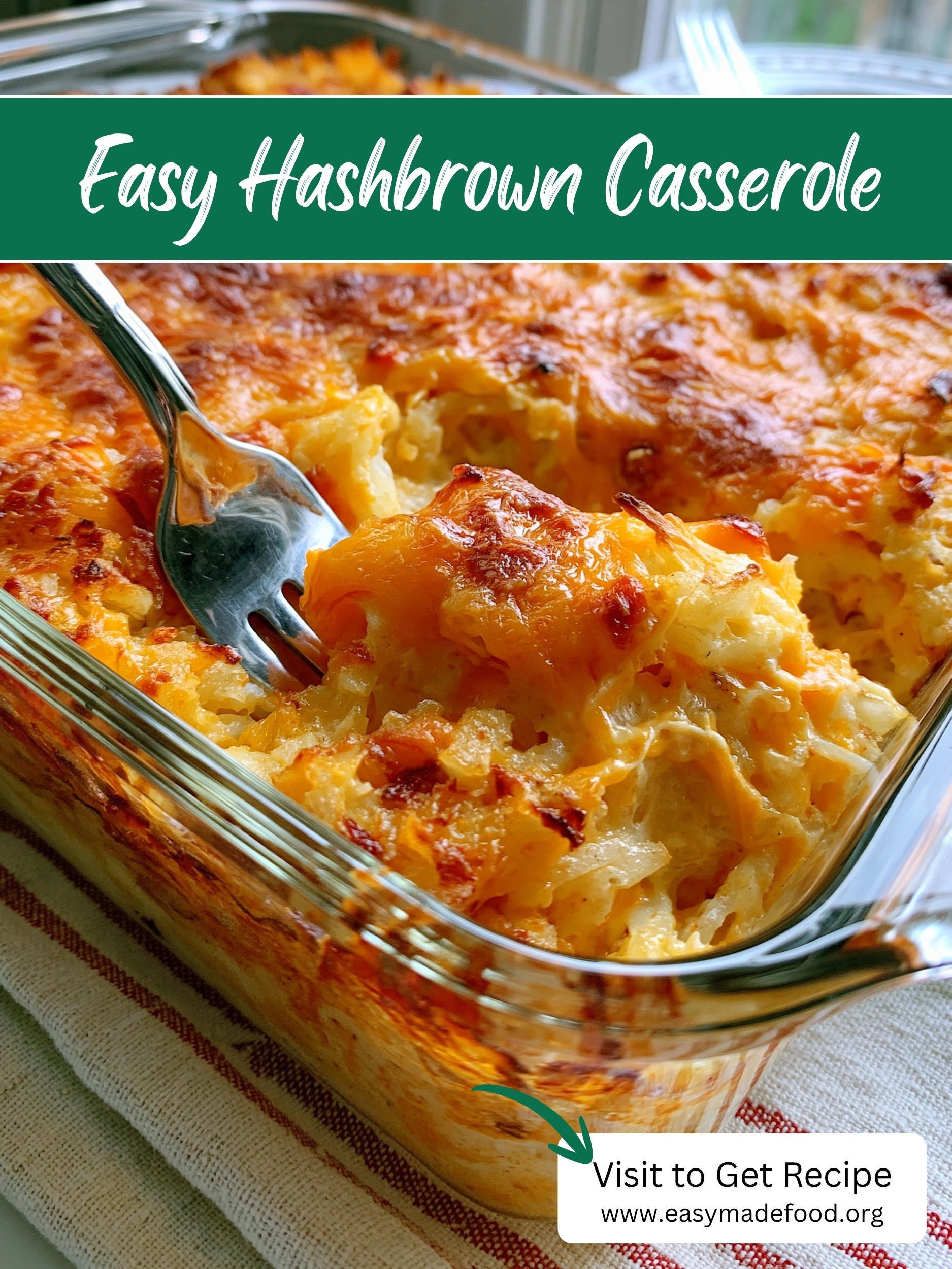 Easy cheesy hashbrown casserole recipe — creamy shredded potatoes under a bubbly, golden cheddar top, visit Easy Made Food to get the recipe