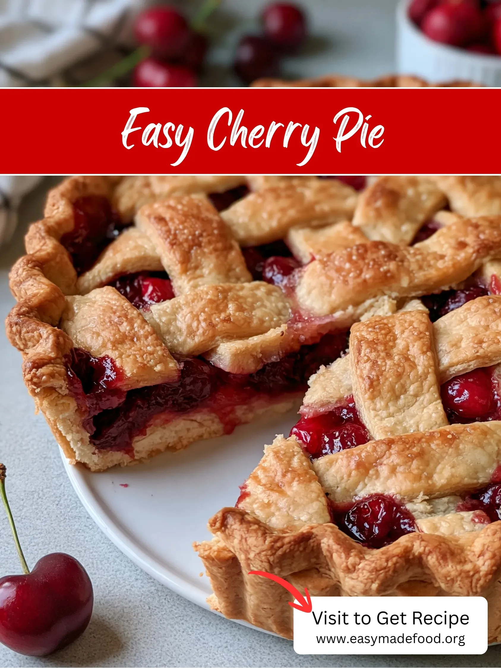 Easy cherry pie recipe — golden lattice top and glossy jammy cherries, visit Easy Made Food to get the recipe