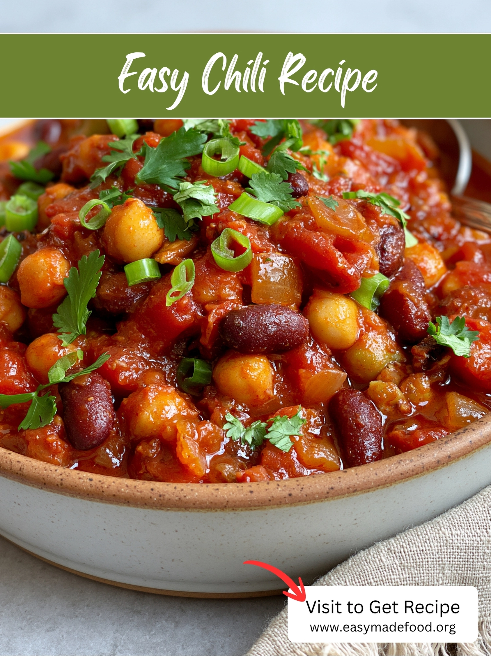 Easy chili recipe — thick beef, kidney bean and chickpea chili in a rich tomato sauce, visit Easy Made Food to get the recipe