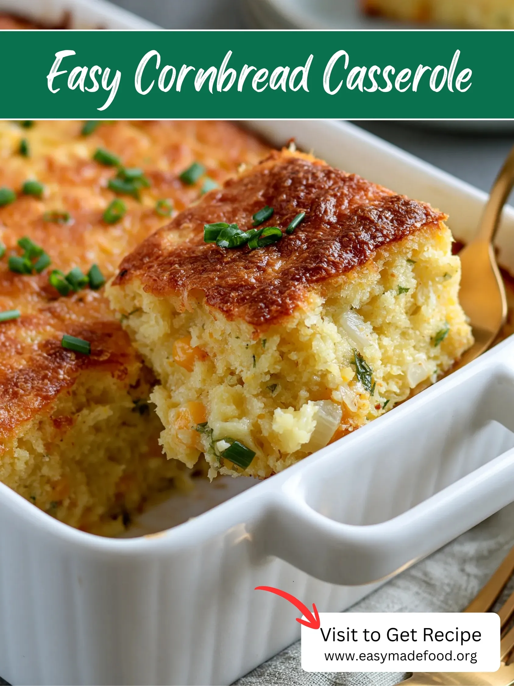 Easy cornbread casserole recipe — thick, fluffy and loaded with cheese under a golden crust, visit Easy Made Food to get the recipe