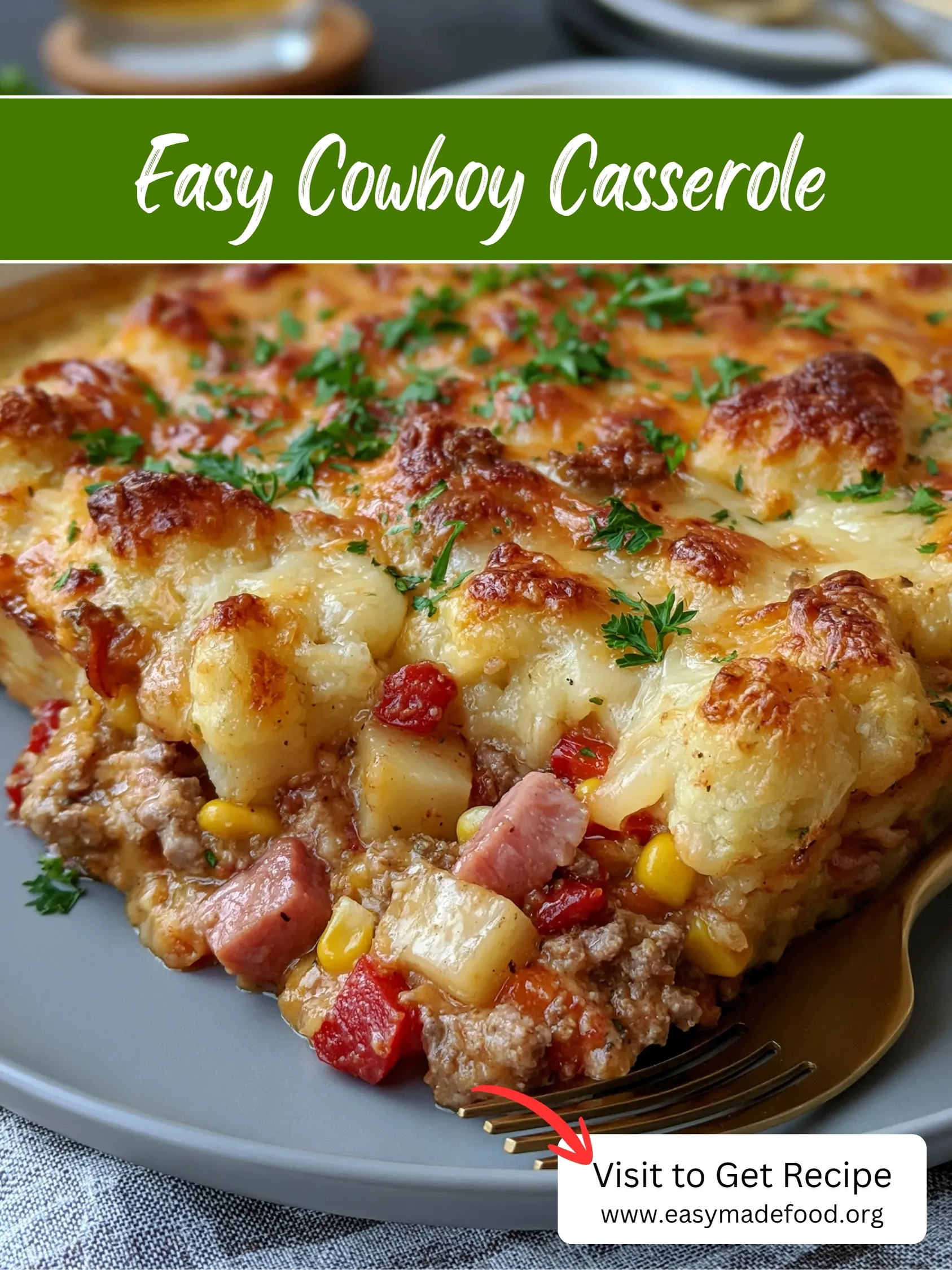 Easy cowboy casserole recipe — crispy tater tots, melted cheese and a hearty beefy filling, visit Easy Made Food to get the recipe