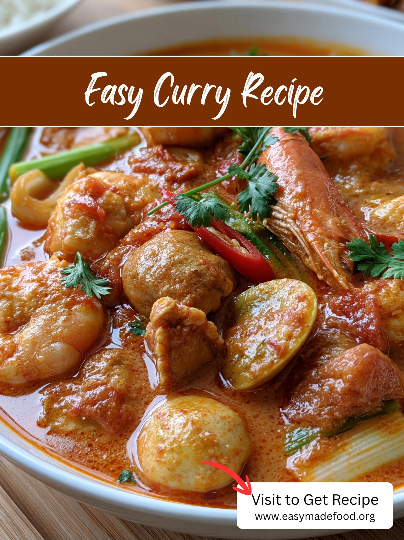 Easy curry recipe — creamy shrimp curry topped with cilantro and red chili, visit Easy Made Food to get the recipe