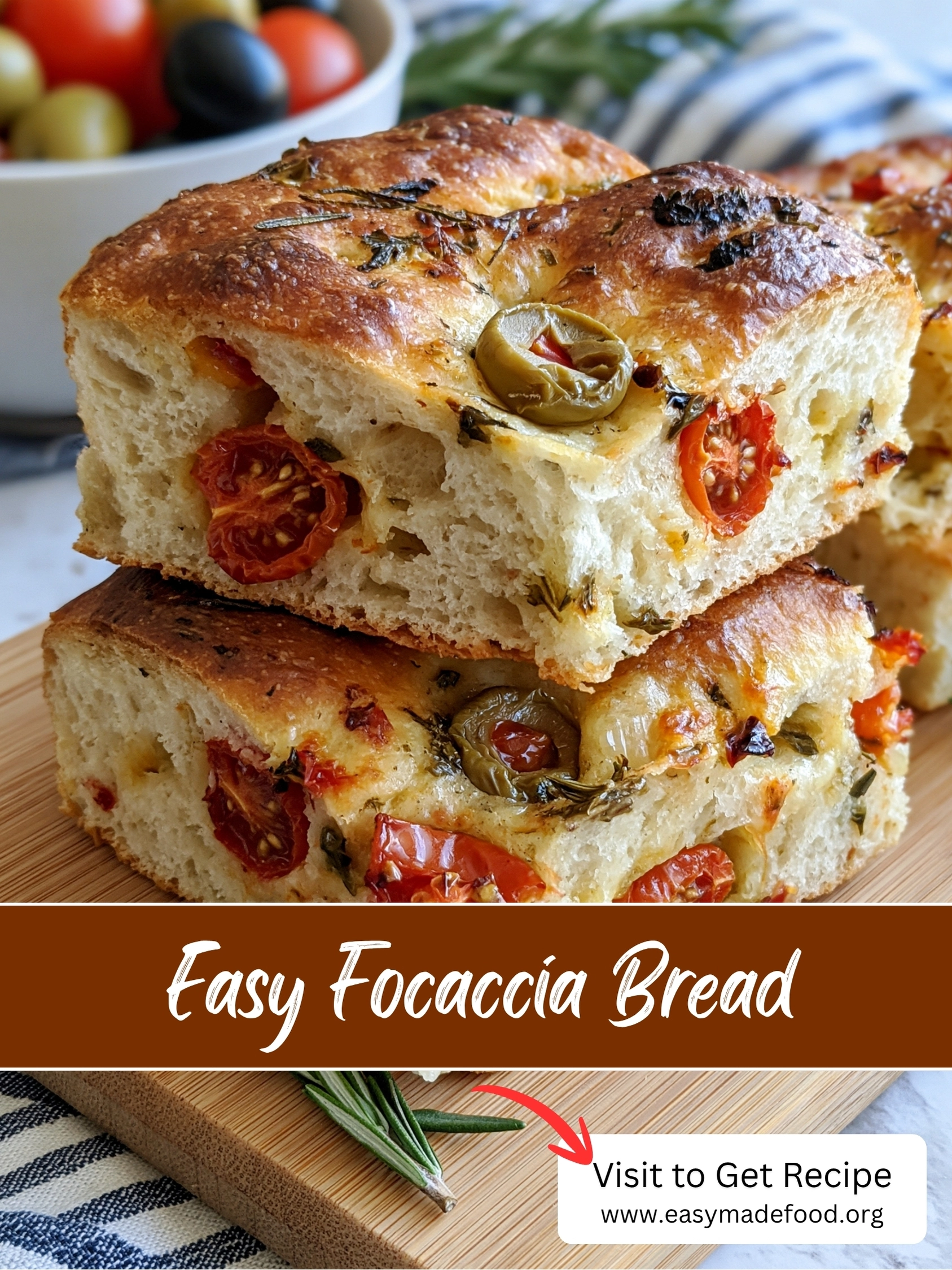 Easy focaccia bread recipe — dimpled olive oil bread with cherry tomatoes, green olives and rosemary, visit Easy Made Food to get the recipe