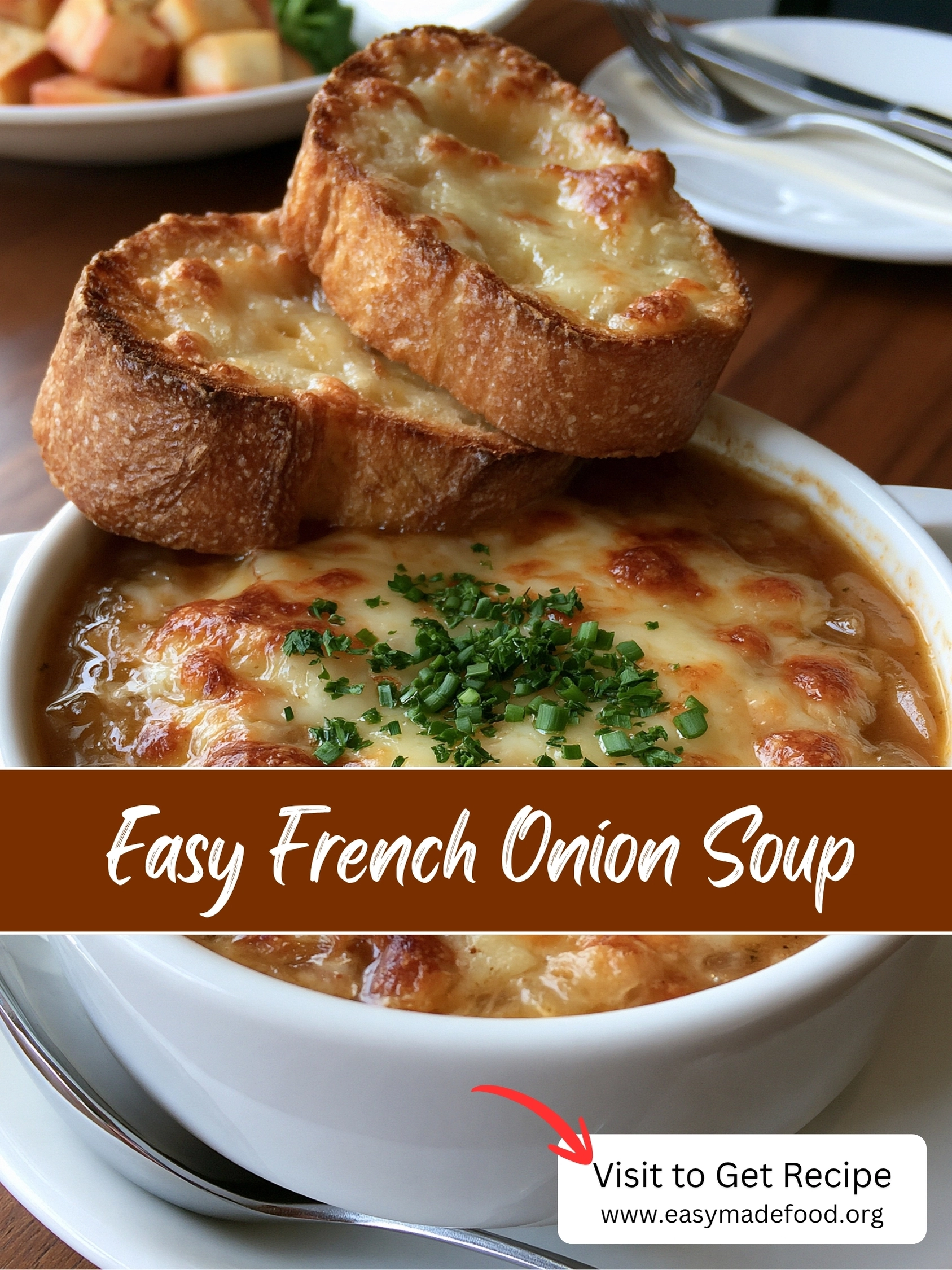 Easy french onion soup recipe — deep brown caramelized onion broth under a golden broiled cheese blanket, visit Easy Made Food to get the recipe