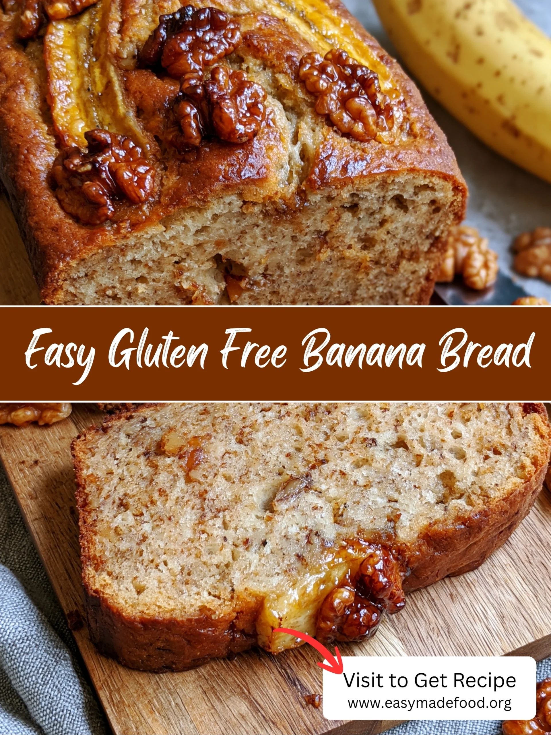 Easy gluten free banana bread recipe — moist walnut-studded loaf with a caramelized banana and walnut top, visit Easy Made Food to get the recipe