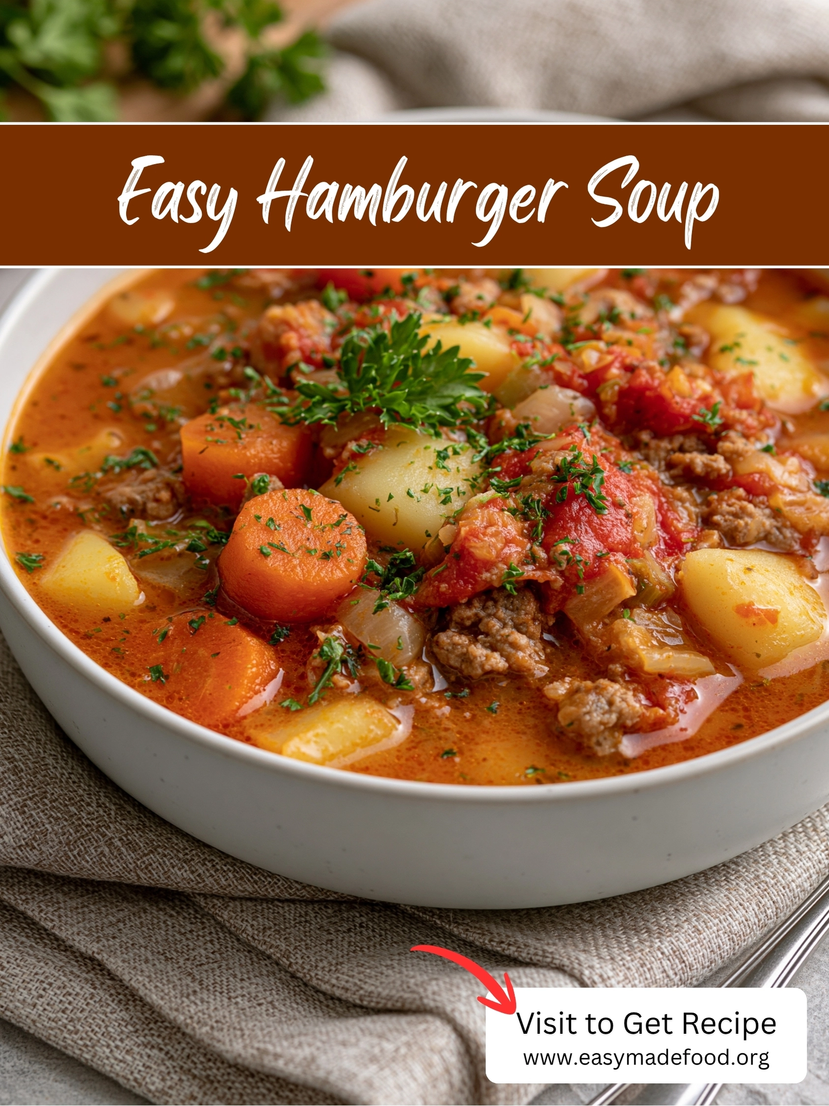 Easy hamburger soup recipe — hearty one-pot beef and vegetable soup in a rich tomato broth, visit Easy Made Food to get the recipe