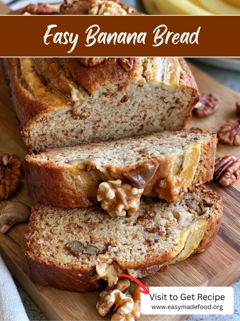Easy healthy banana bread recipe — moist whole wheat loaf with honey, walnuts and a golden banana top, visit Easy Made Food to get the recipe