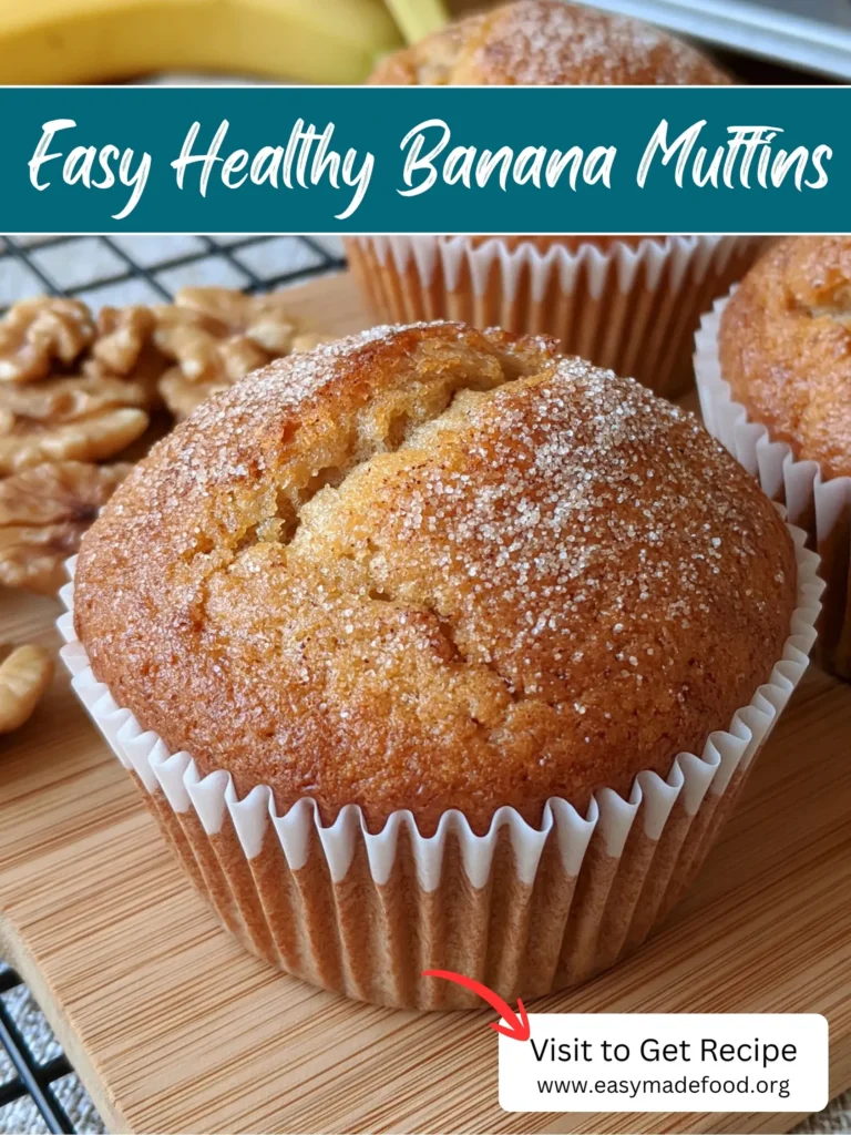 Easy healthy banana muffins recipe — soft, fluffy domes sweetened with maple and brown sugar, visit Easy Made Food to get the recipe