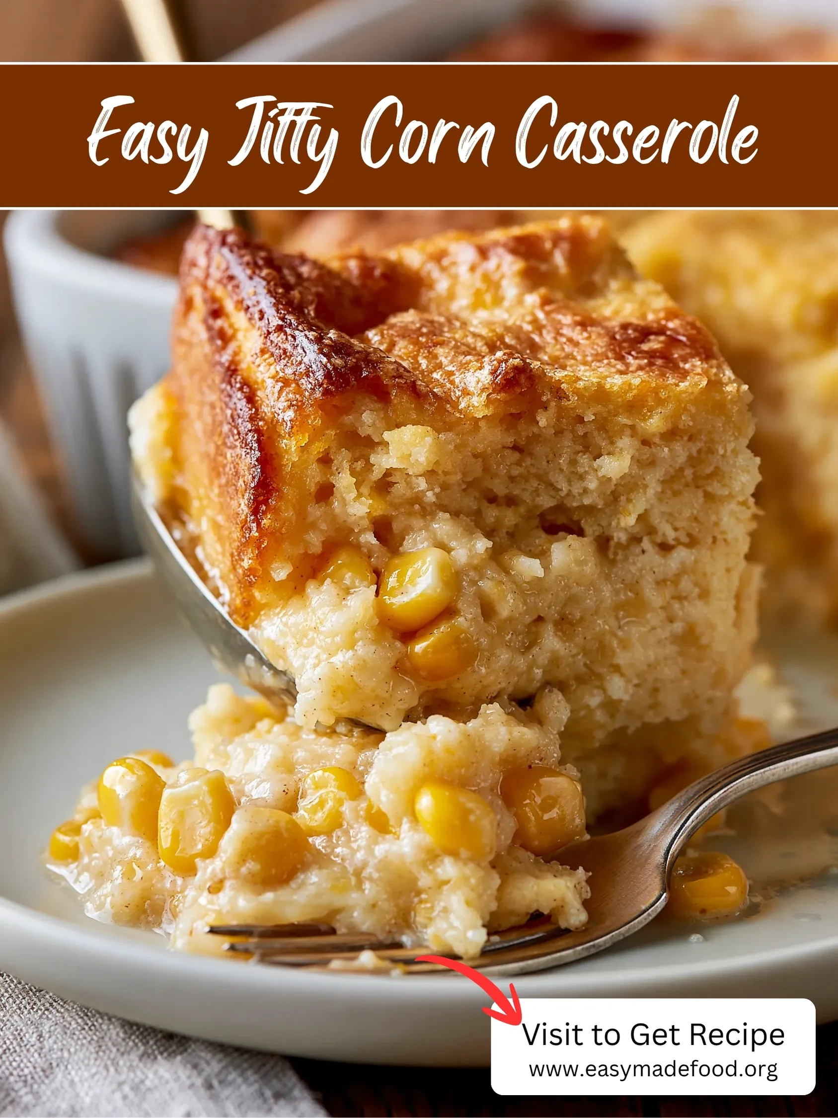 Easy Jiffy corn casserole recipe — golden, buttery and custardy with only 6 ingredients, visit Easy Made Food to get the recipe