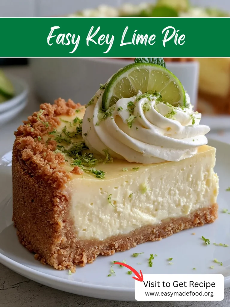 Easy key lime pie recipe — thick graham crust, tall creamy filling and whipped cream, visit Easy Made Food to get the recipe
