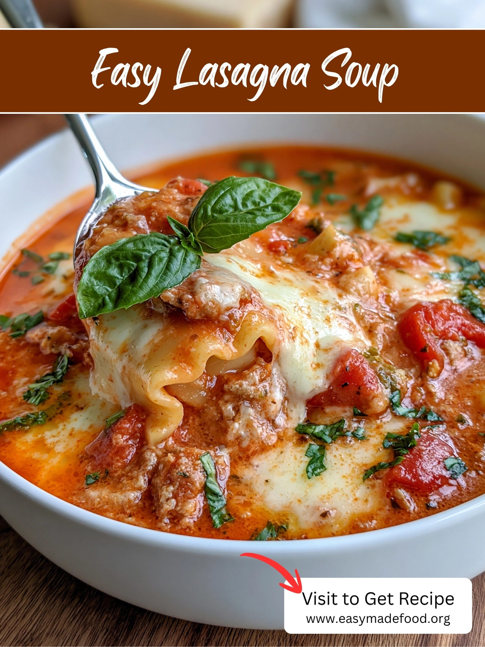 Easy lasagna soup recipe — one-pot cheesy lasagna soup with ground beef, tomato broth and a melty cheese topping, visit Easy Made Food to get the recipe