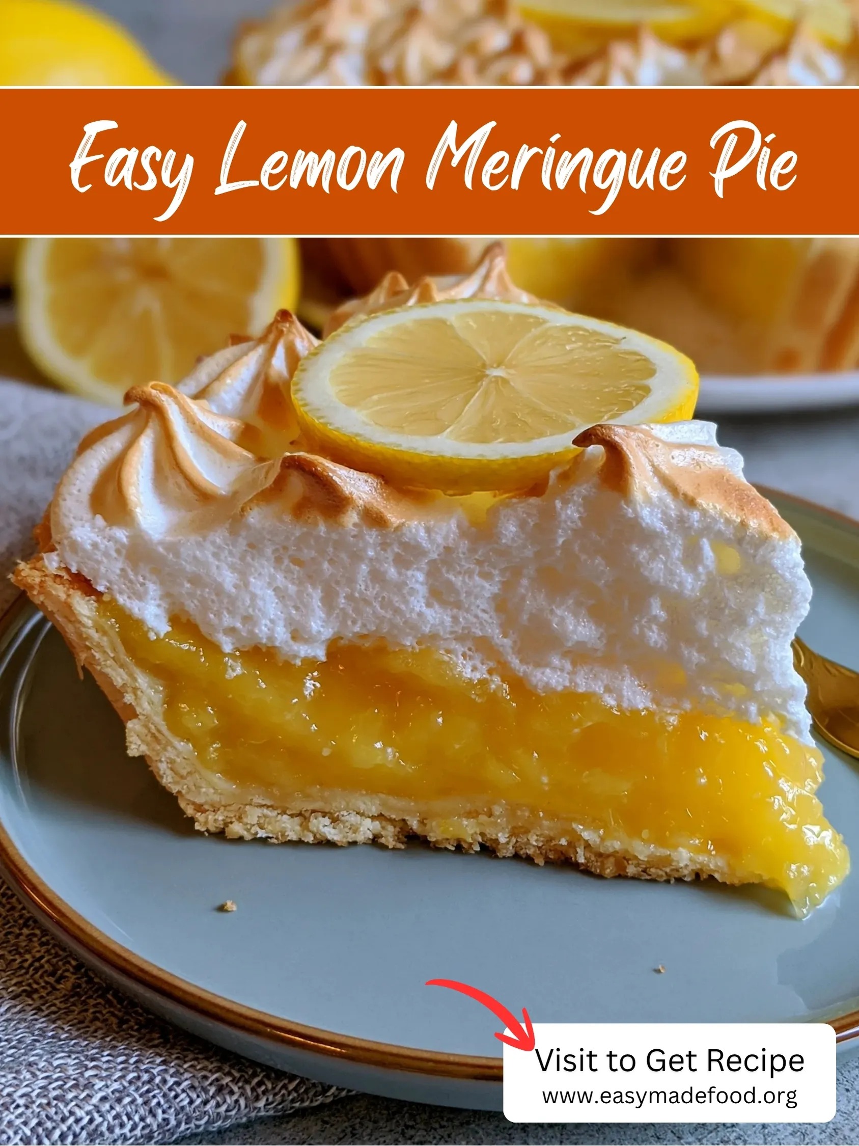 Easy lemon meringue pie recipe — mile-high toasted meringue over bright lemon filling, visit Easy Made Food to get the recipe