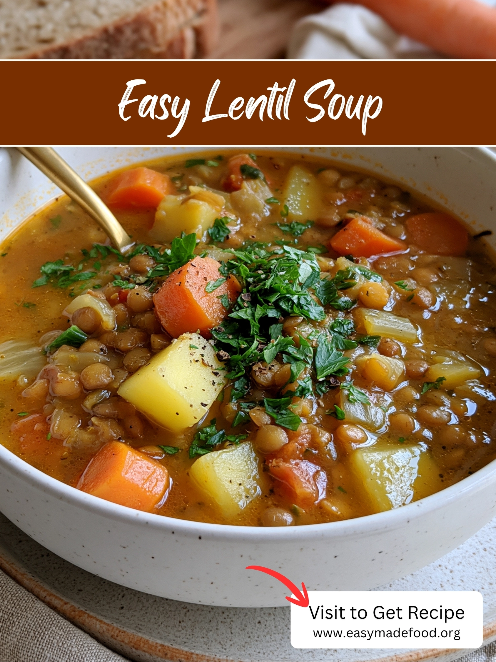 Easy lentil soup recipe — hearty one-pot soup with tender lentils, potatoes and carrots, visit Easy Made Food to get the recipe