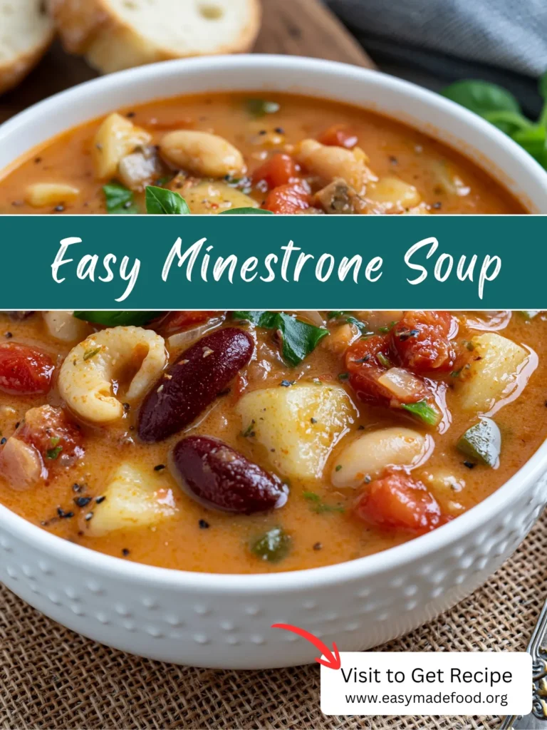 Easy minestrone soup recipe — hearty, veggie-packed and full of beans and pasta, visit Easy Made Food to get the recipe