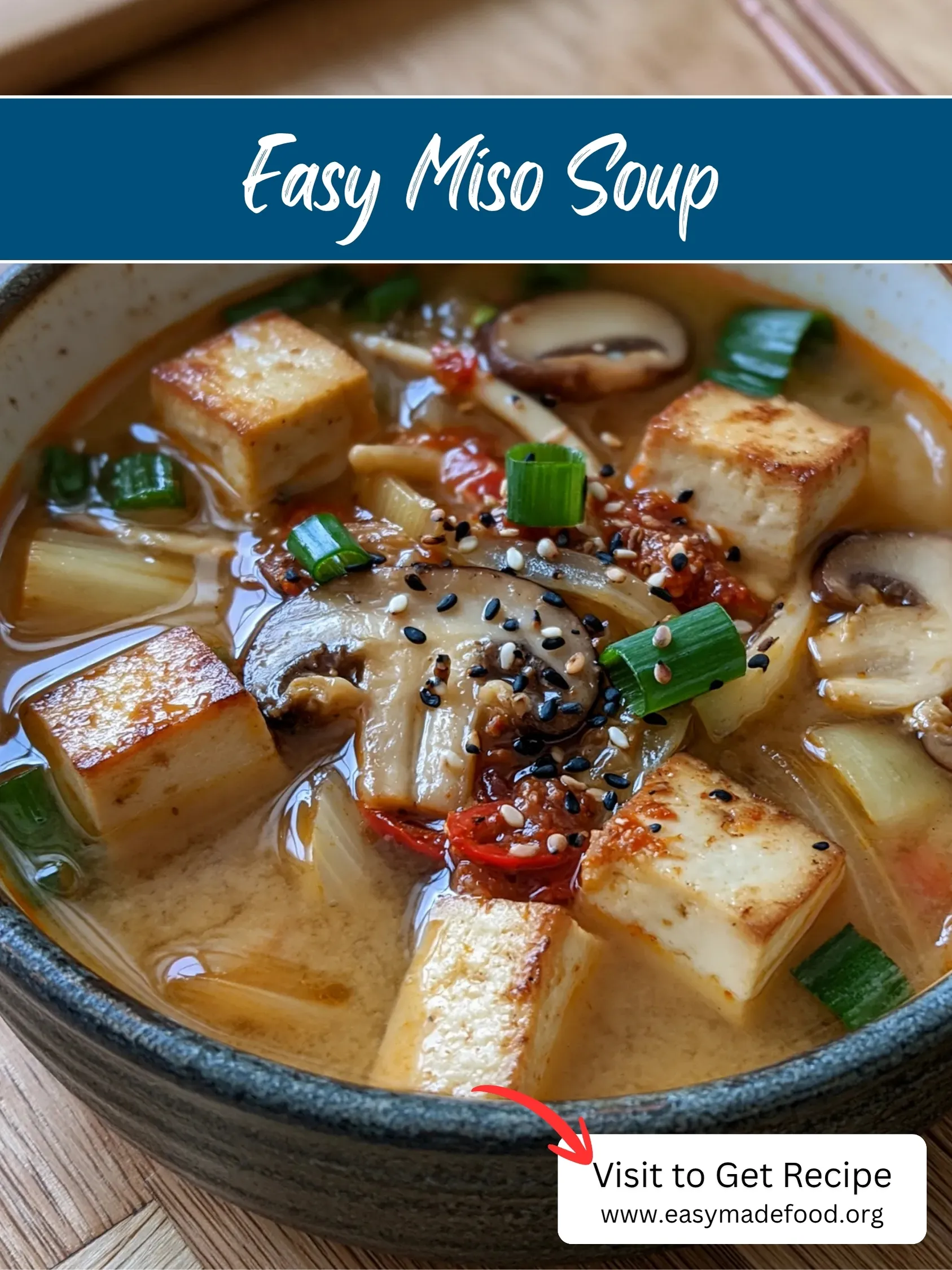 Easy miso soup recipe — cozy, savory and loaded with seared tofu and mushrooms, visit Easy Made Food to get the recipe