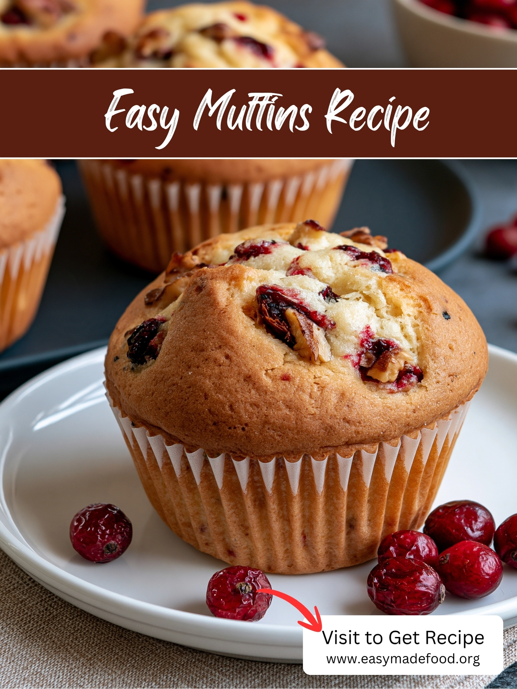 Easy muffins recipe — one base batter for endless flavors, golden bakery-style muffins with cranberries and walnuts, visit Easy Made Food to get the recipe