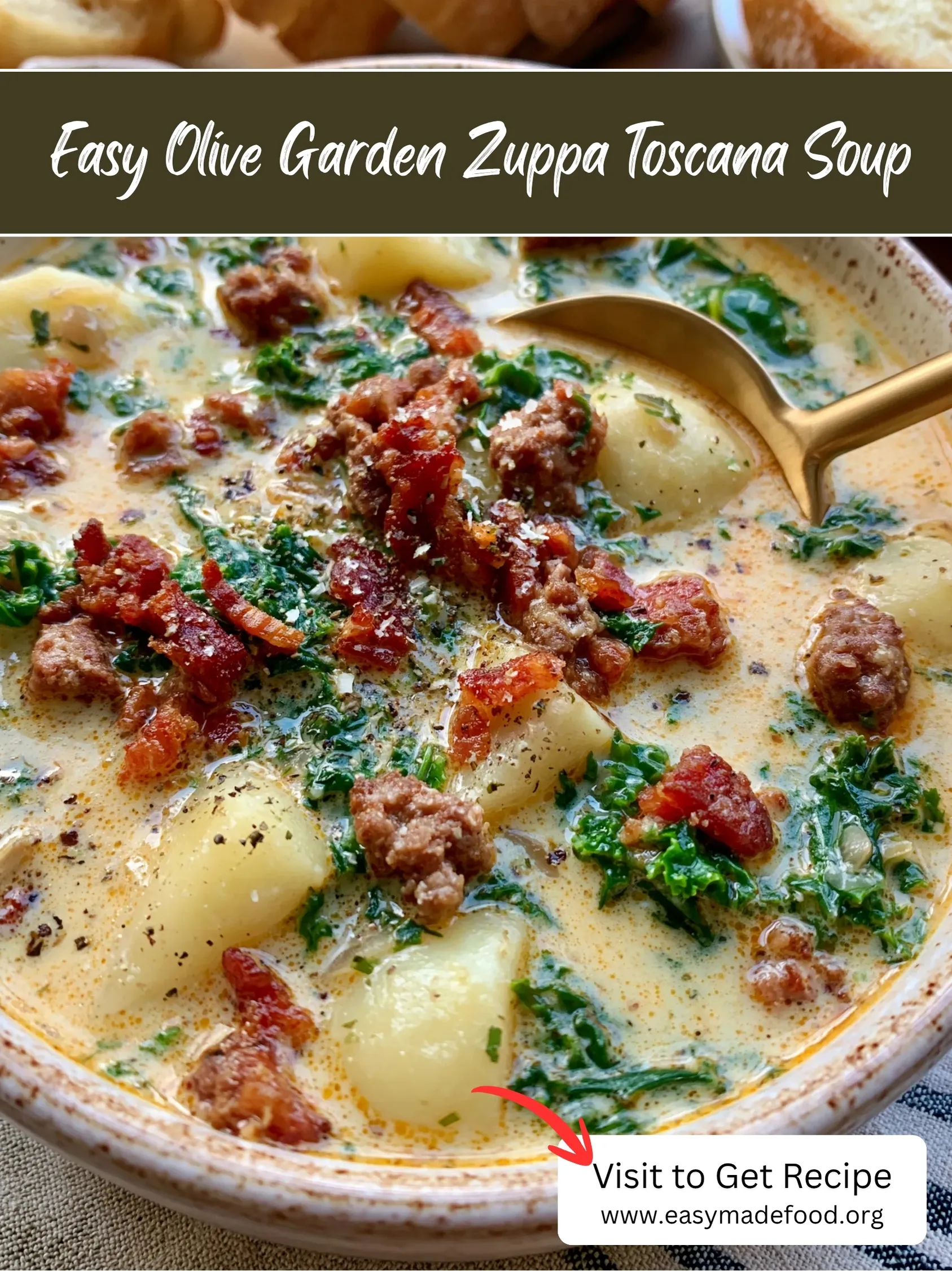 Easy Olive Garden zuppa toscana soup recipe — creamy copycat with sausage, bacon and kale, visit Easy Made Food to get the recipe