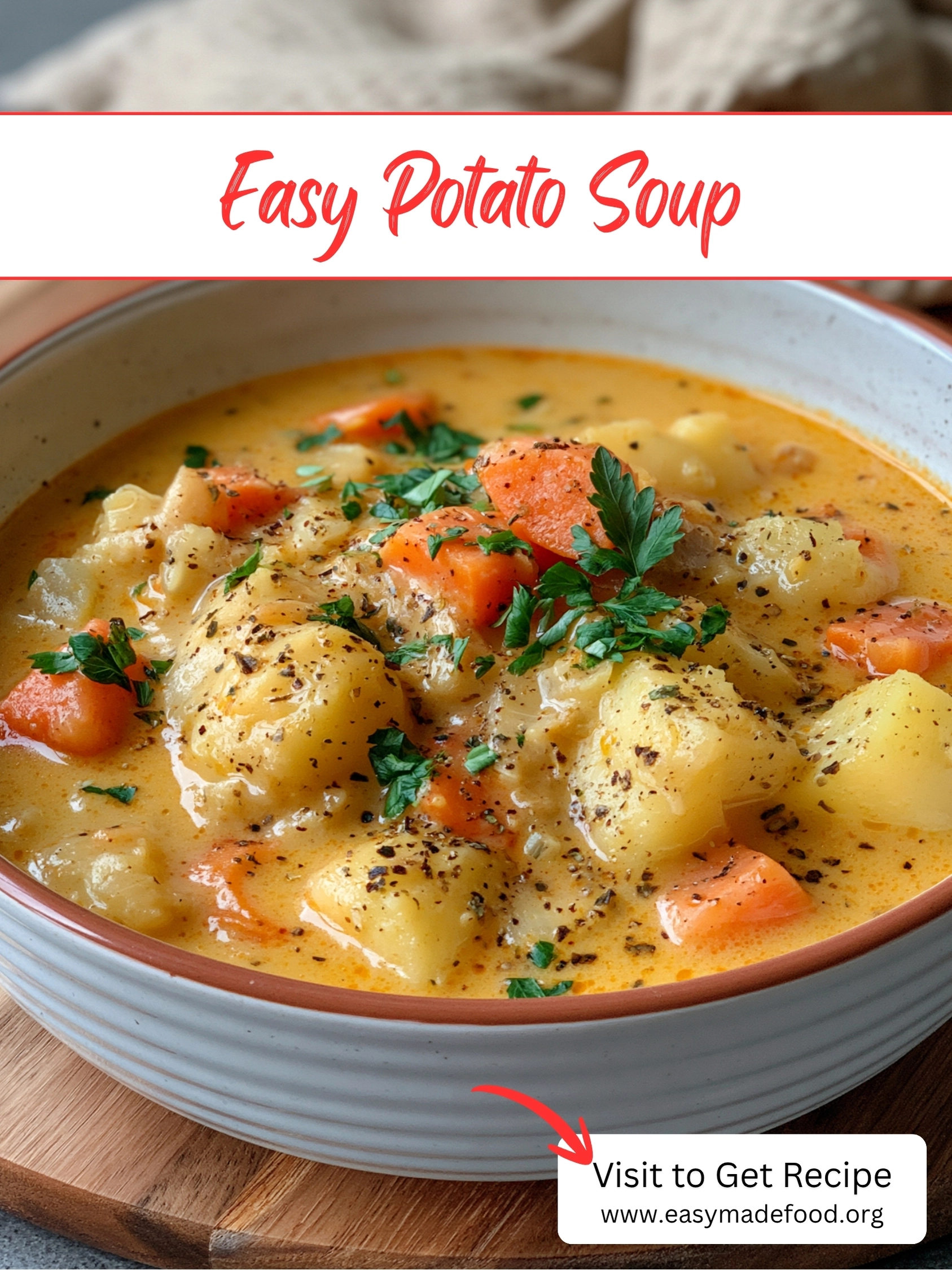 Easy potato soup recipe — creamy, chunky potato soup with carrots and parsley, visit Easy Made Food to get the recipe