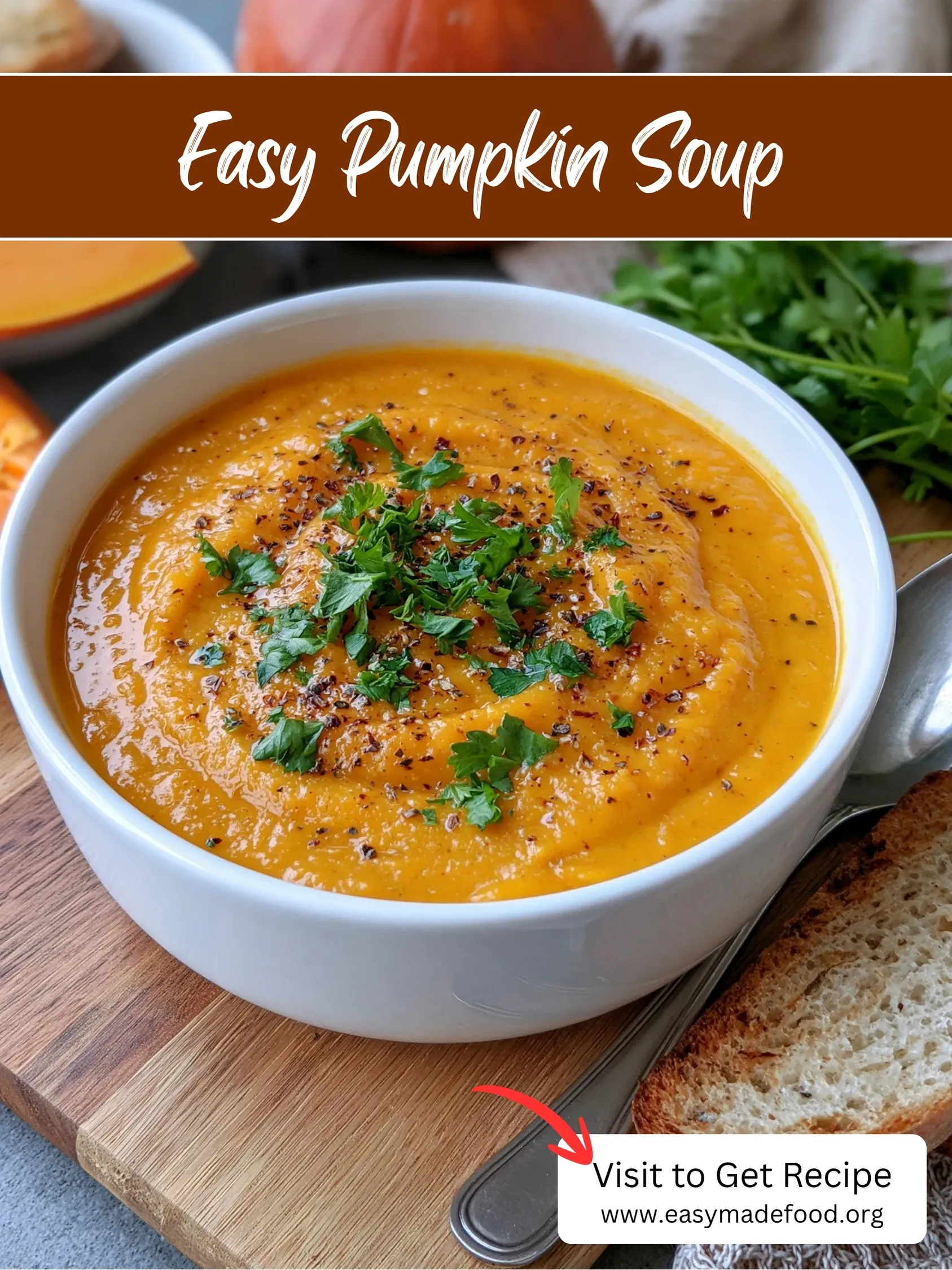 Easy pumpkin soup recipe — silky, savory and ready in 35 minutes, visit Easy Made Food to get the recipe