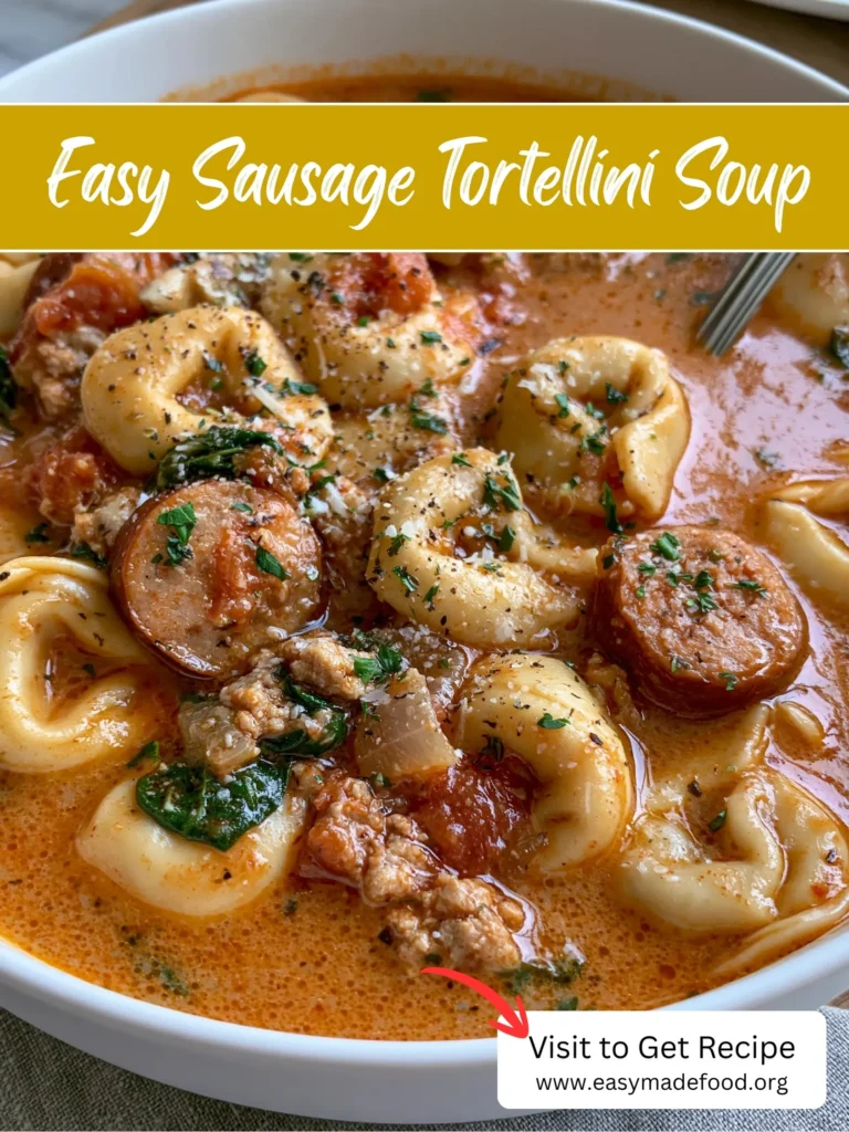 Easy sausage tortellini soup recipe — creamy, hearty and ready in 35 minutes, visit Easy Made Food to get the recipe