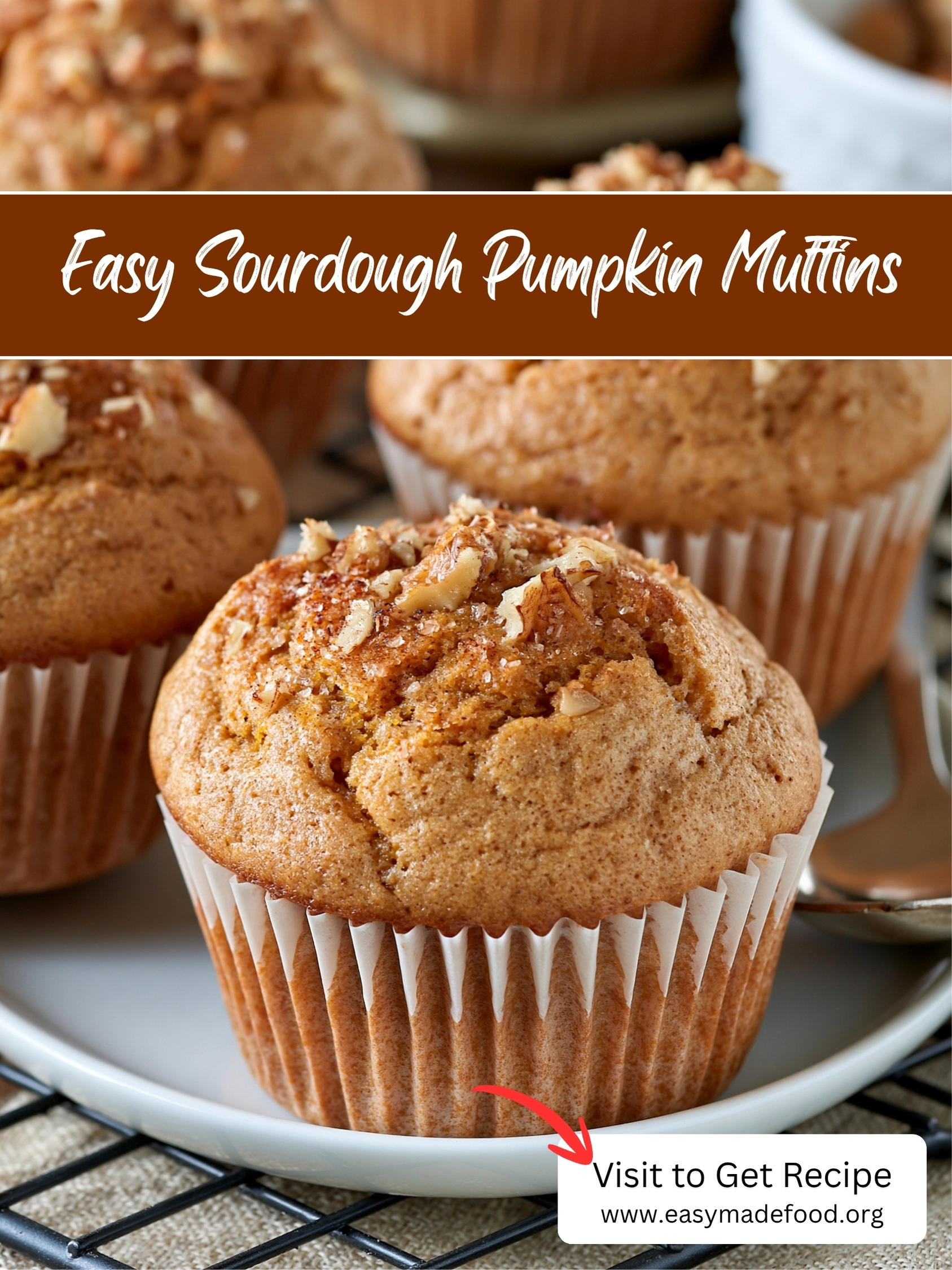Easy sourdough pumpkin muffins recipe — soft spiced muffins with crunchy walnut tops, visit Easy Made Food to get the recipe