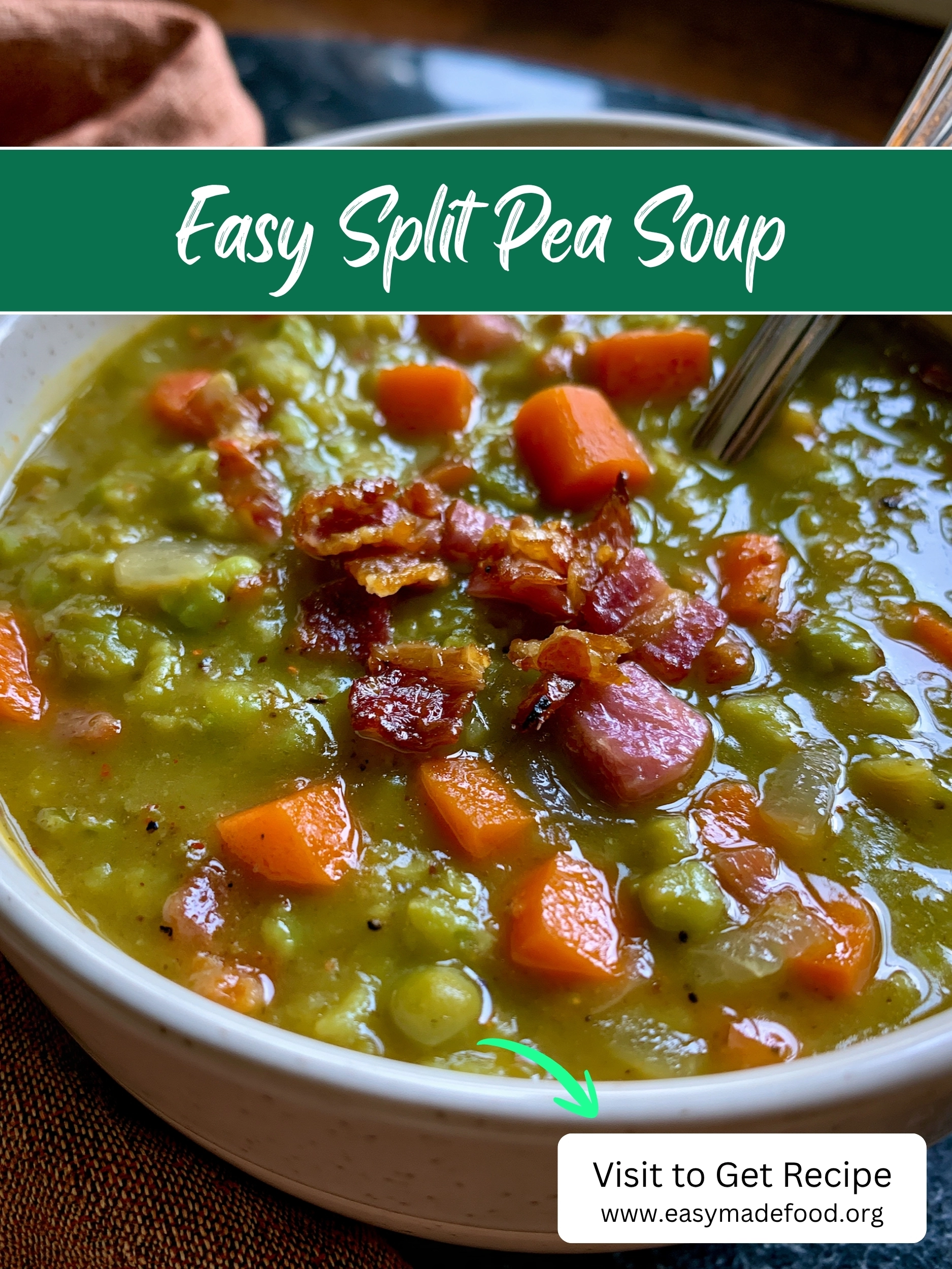 Easy split pea soup recipe — thick, smoky split pea soup with ham, carrots and a crispy bacon crumble on top, visit Easy Made Food to get the recipe