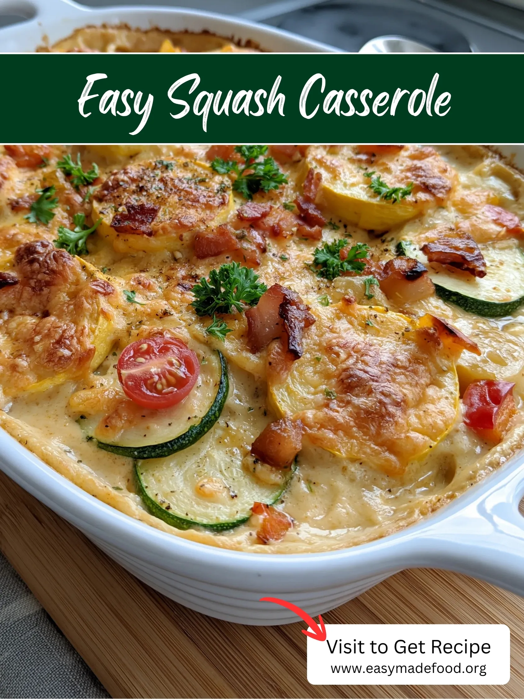 Easy squash casserole recipe — creamy, cheesy squash and zucchini with crispy bacon on top, visit Easy Made Food to get the recipe