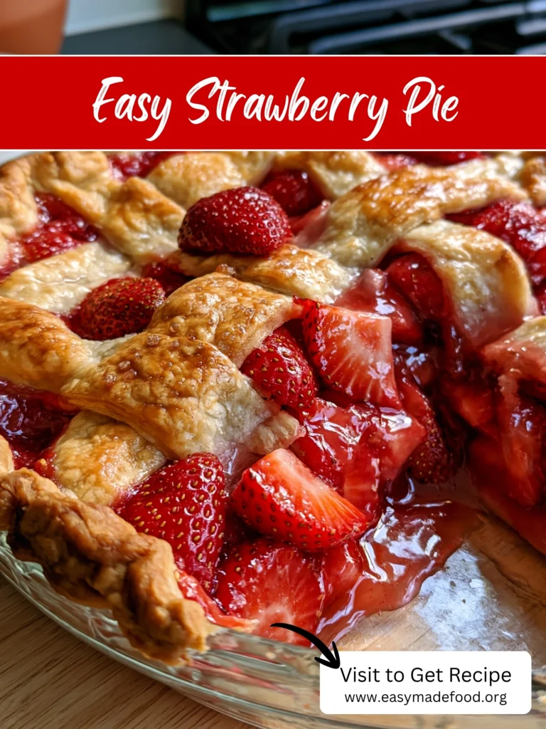Easy strawberry pie recipe — baked, jammy and bursting with fresh berries under a golden lattice, visit Easy Made Food to get the recipe