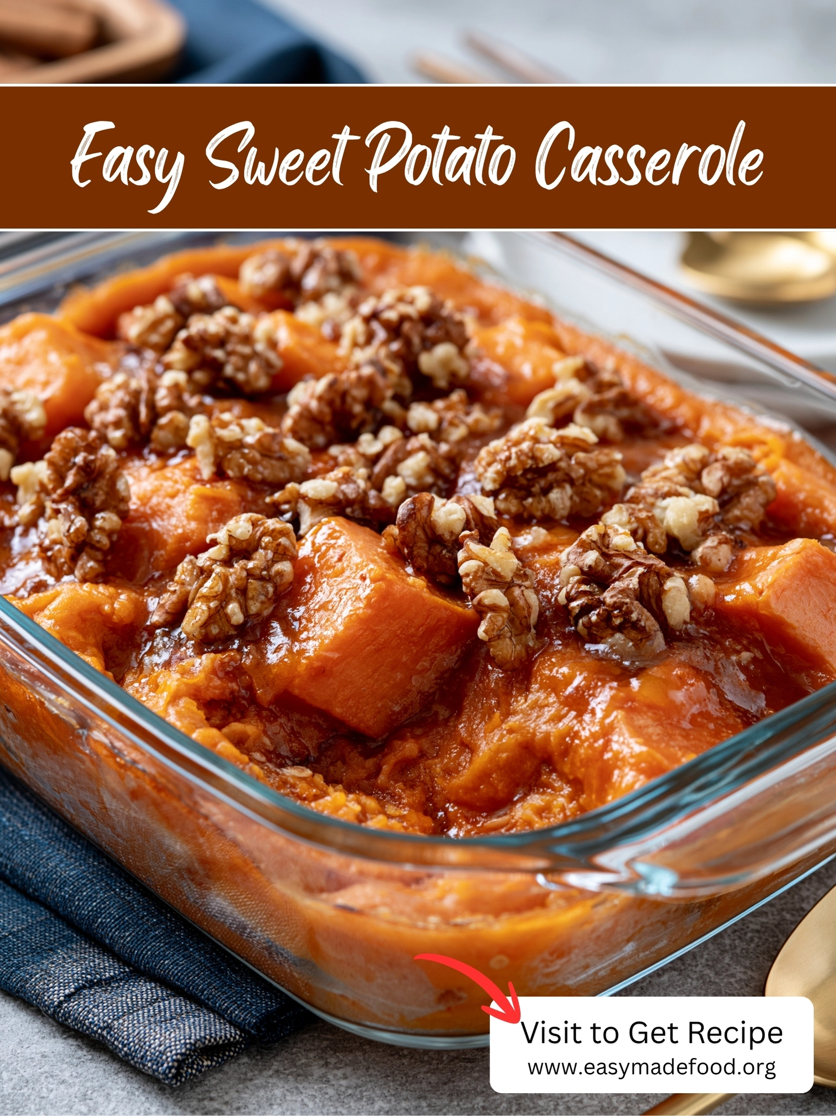 Easy sweet potato casserole recipe — creamy sweet potatoes with brown sugar pecan crunch, visit Easy Made Food to get the recipe
