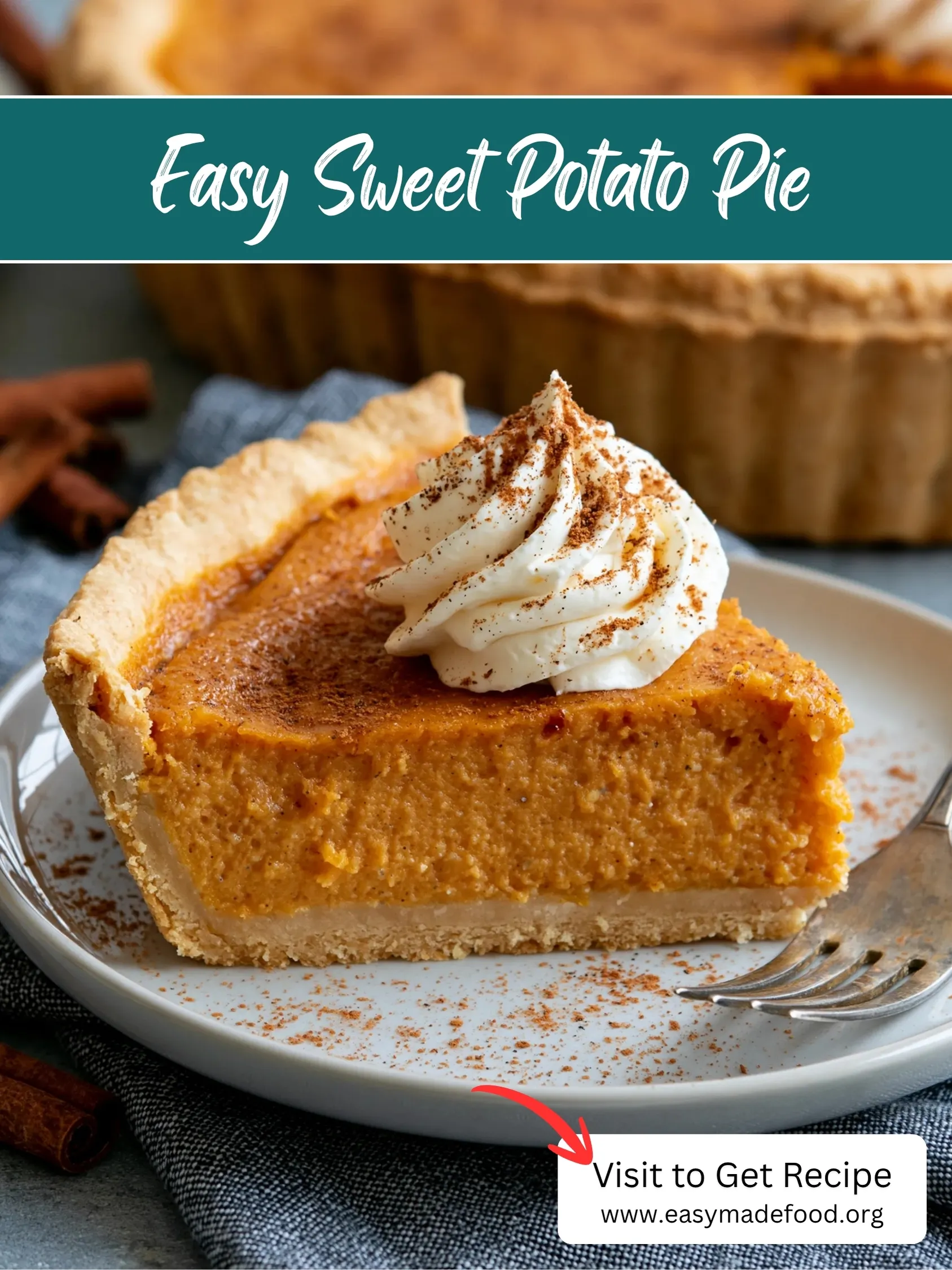 Easy sweet potato pie recipe — silky spiced filling with cinnamon whipped cream, visit Easy Made Food to get the recipe