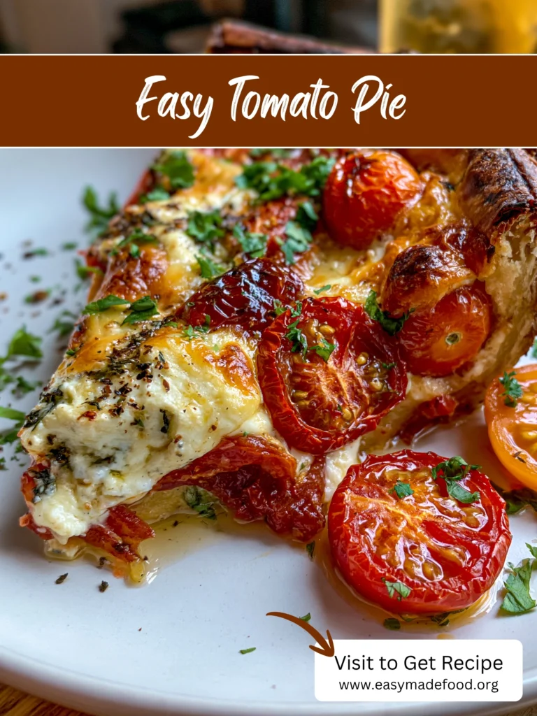 Easy tomato pie recipe — jammy roasted tomatoes and a bubbly, herb-flecked cheesy top in a flaky crust, visit Easy Made Food to get the recipe