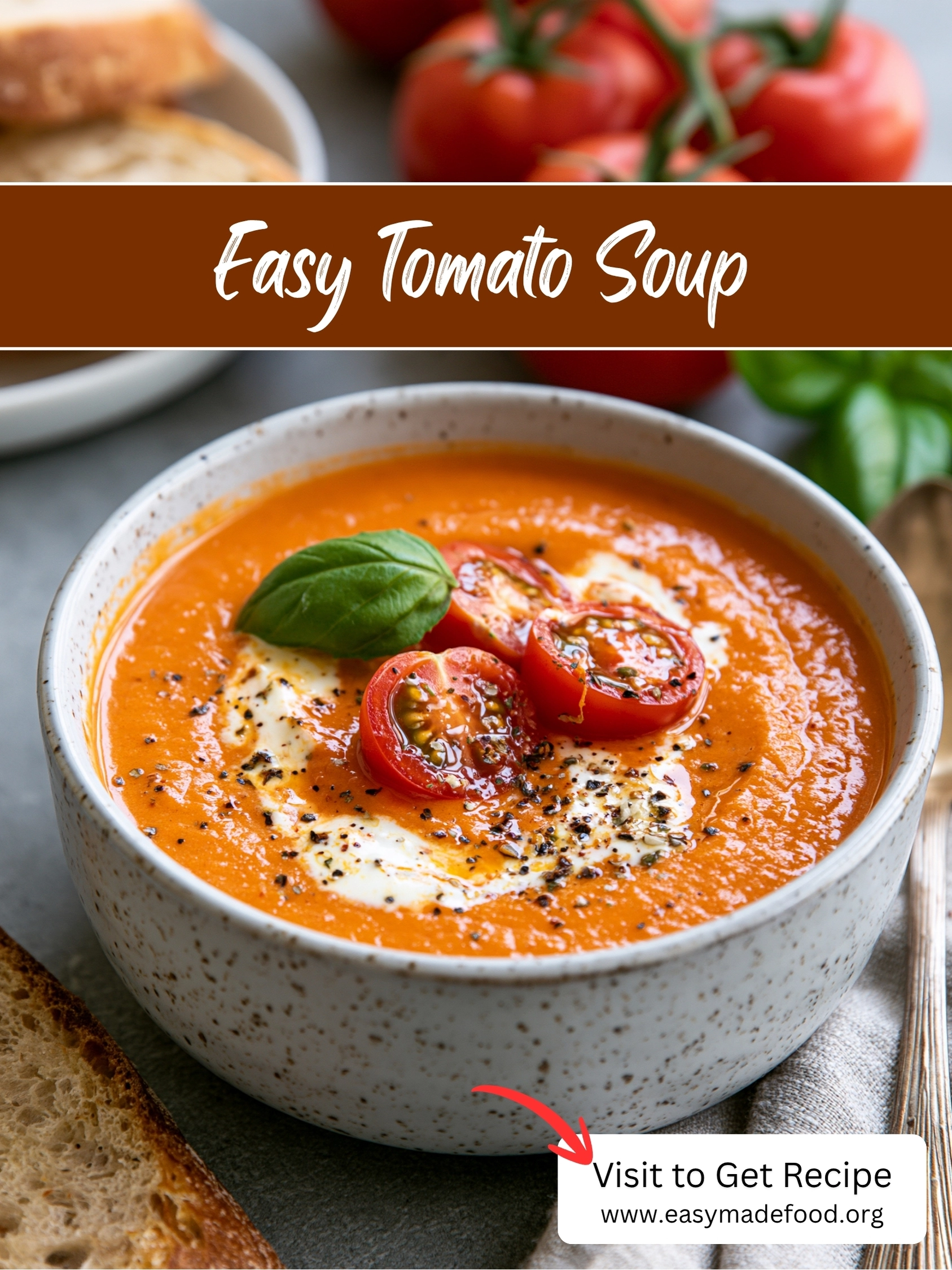 Easy tomato soup recipe — silky creamy tomato basil soup with a cream swirl, visit Easy Made Food to get the recipe