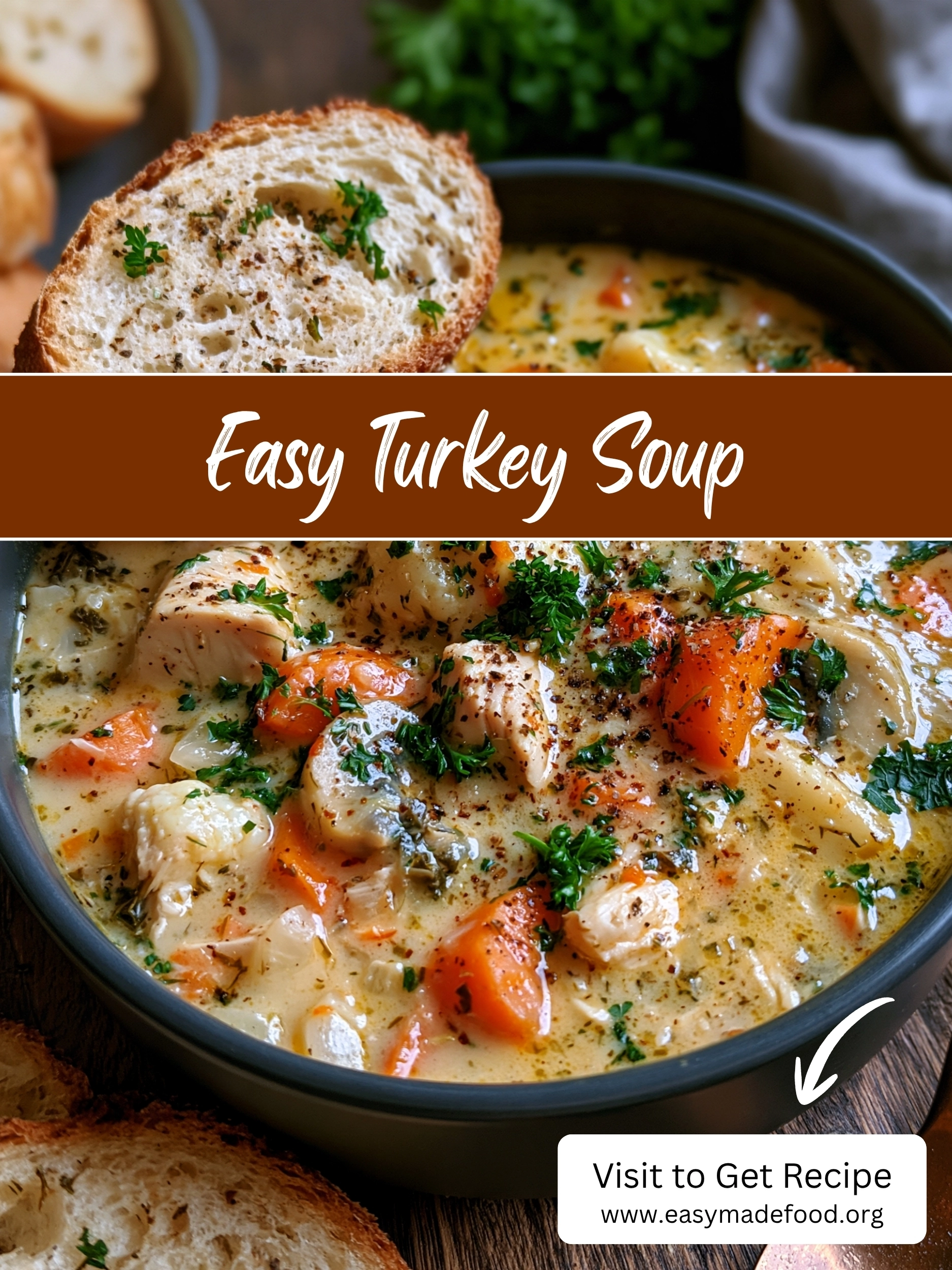Easy turkey soup recipe — cozy, creamy leftover turkey soup with tender vegetables, parsley and crusty bread for dunking, visit Easy Made Food to get the recipe