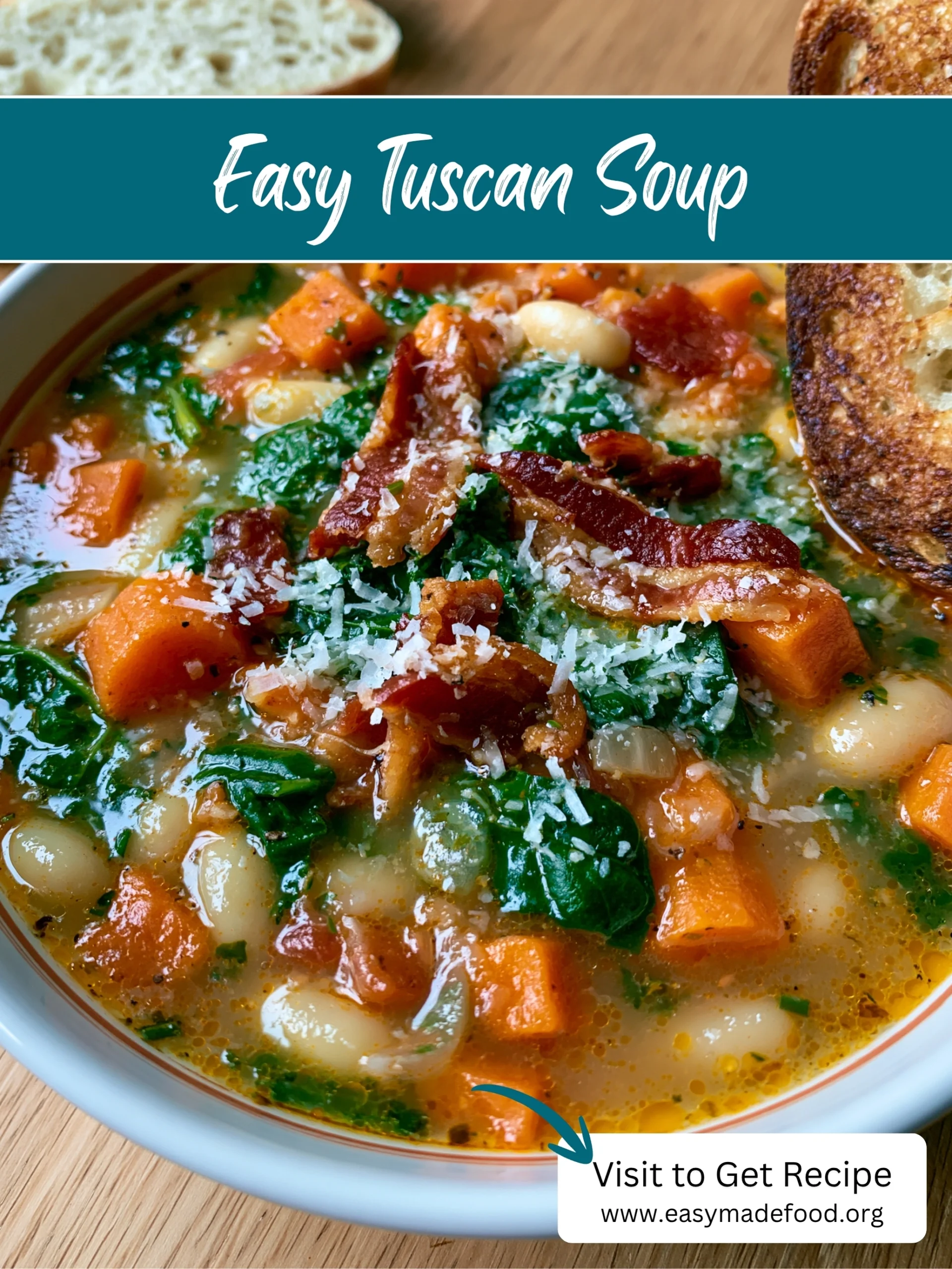 Easy tuscan soup recipe — hearty white beans, sweet potato and spinach under crispy bacon and Parmesan, visit Easy Made Food to get the recipe