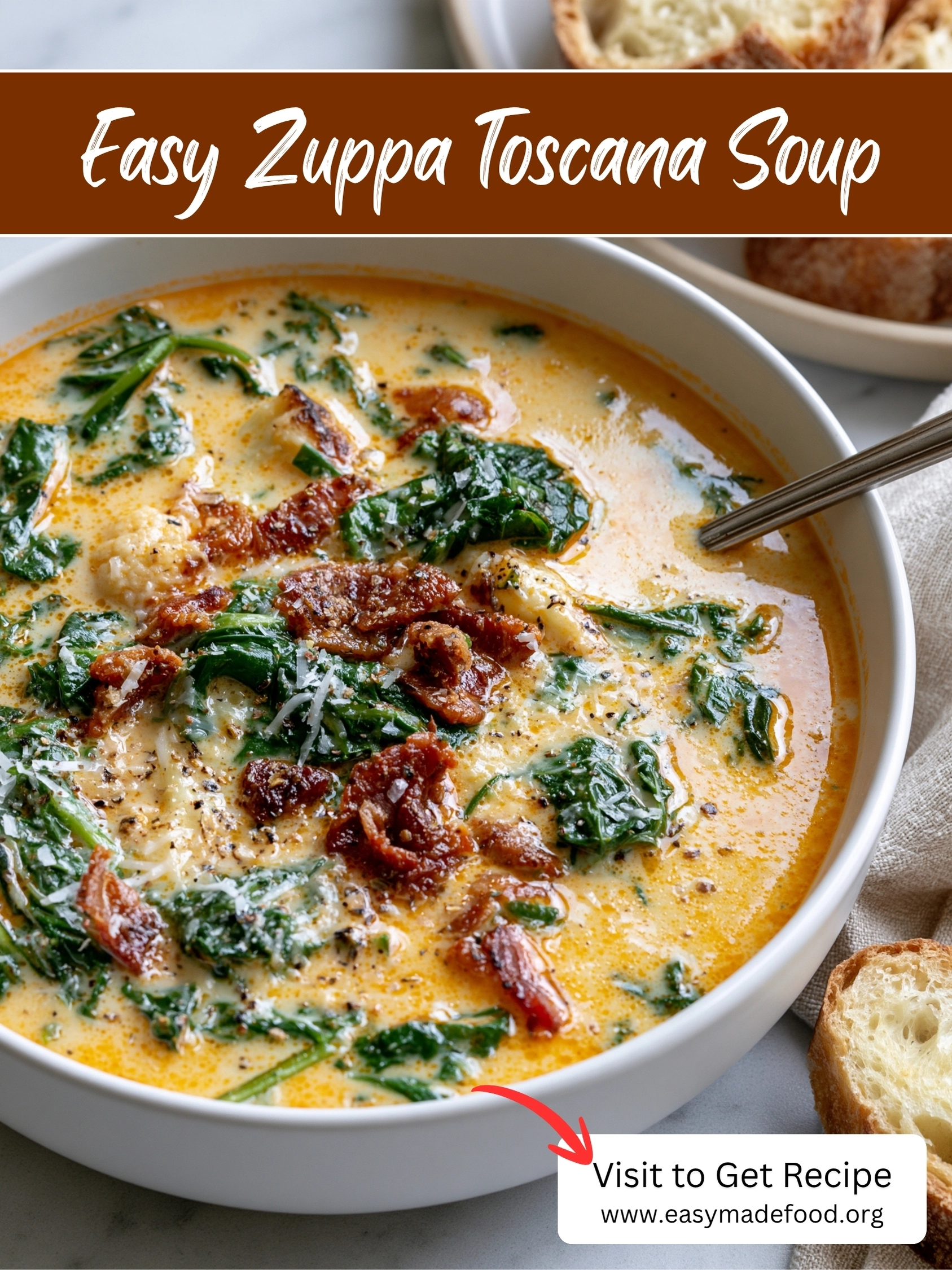 Easy zuppa toscana soup recipe — creamy sausage, potato and kale soup topped with bacon and Parmesan, visit Easy Made Food to get the recipe