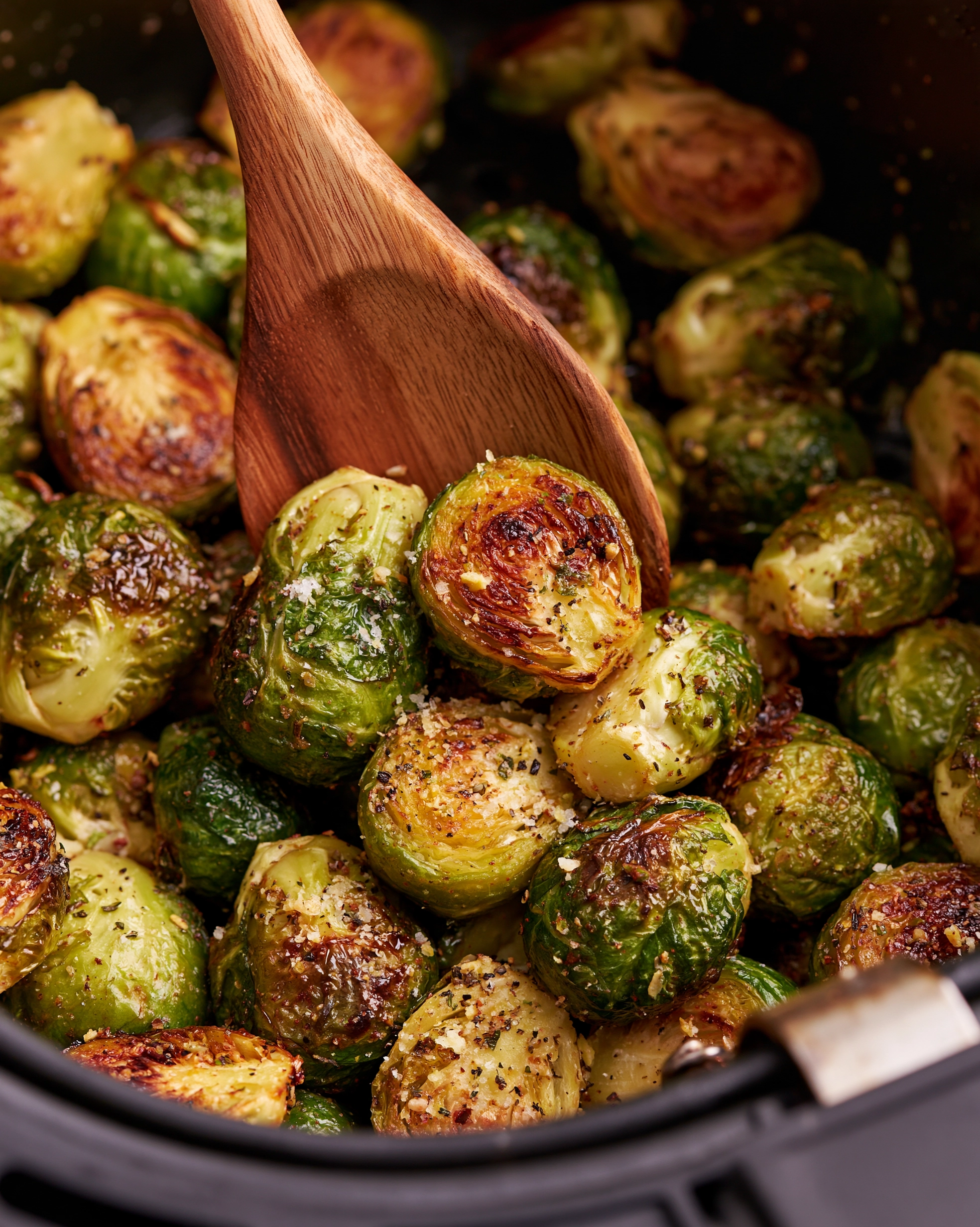 Easy air fryer brussel sprouts recipe with deeply caramelized golden cut sides, crispy edges, flaky salt and a dusting of Parmesan in the air fryer basket