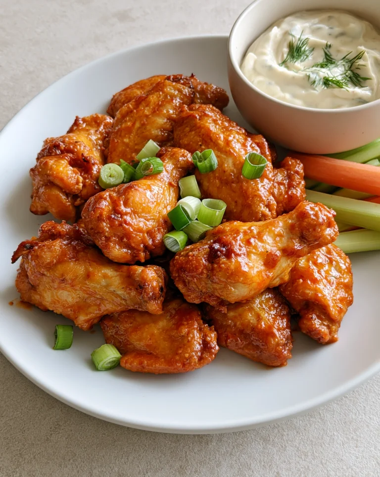 Easy air fryer chicken recipe — crispy buffalo wings with a glossy orange-red glaze and sliced green onions, served with ranch dip, celery and carrot sticks